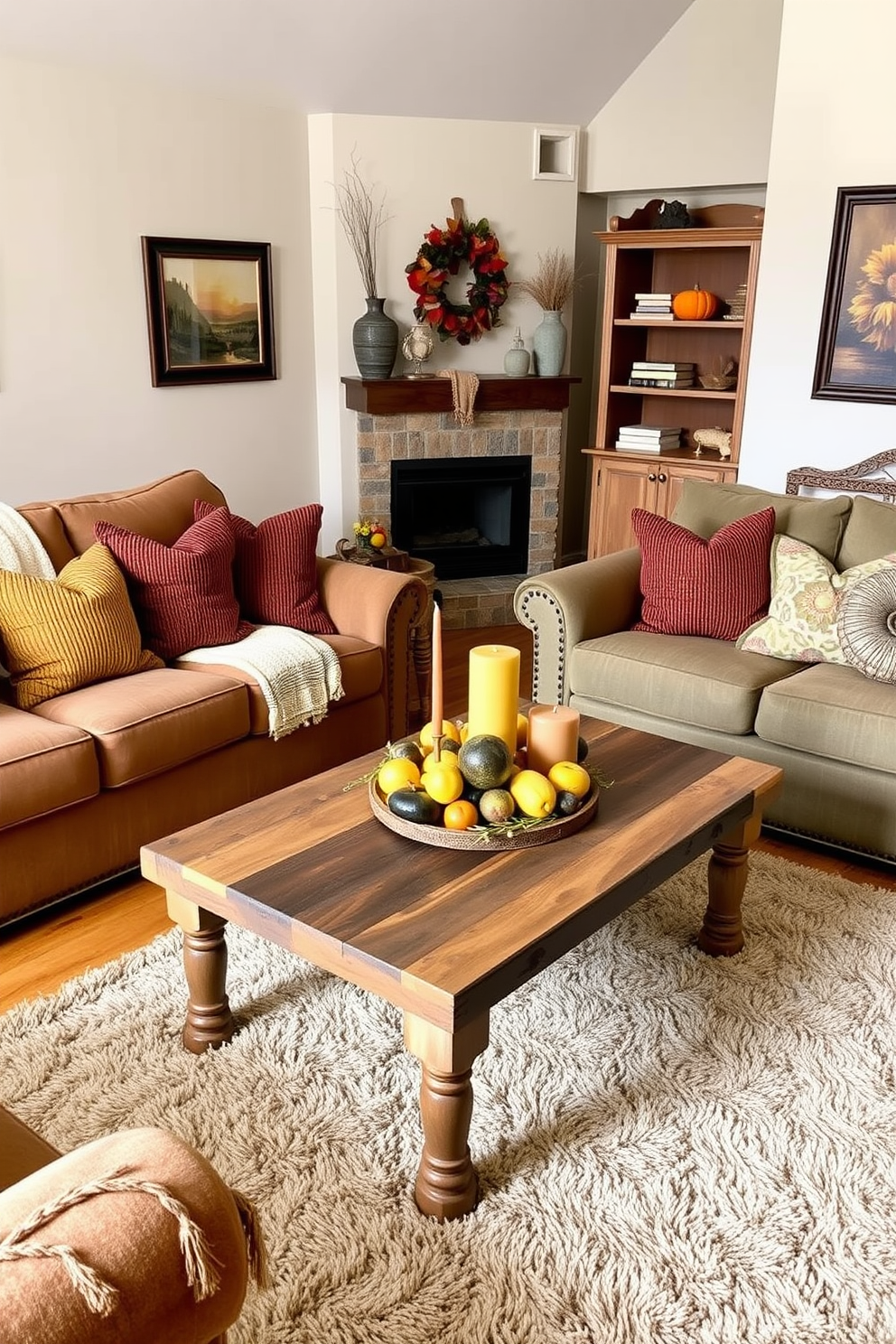 A cozy living room decorated for Thanksgiving featuring earthy tones in the furniture and accessories. The sofas are upholstered in warm browns and deep greens, complemented by textured throw pillows in rust and mustard shades. A rustic coffee table made of reclaimed wood sits at the center, adorned with a centerpiece of seasonal fruits and candles. The walls are adorned with autumn-inspired artwork, and a plush area rug adds warmth to the hardwood floor.