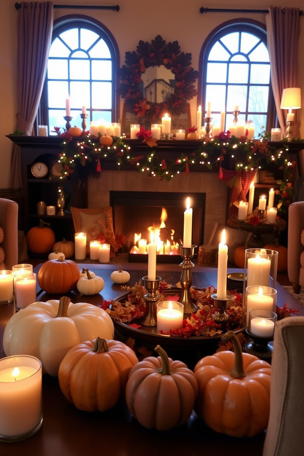 A cozy Thanksgiving living room adorned with seasonal scented candles. The flickering candlelight creates a warm and inviting atmosphere, complemented by autumn-themed decorations like pumpkins and garlands.