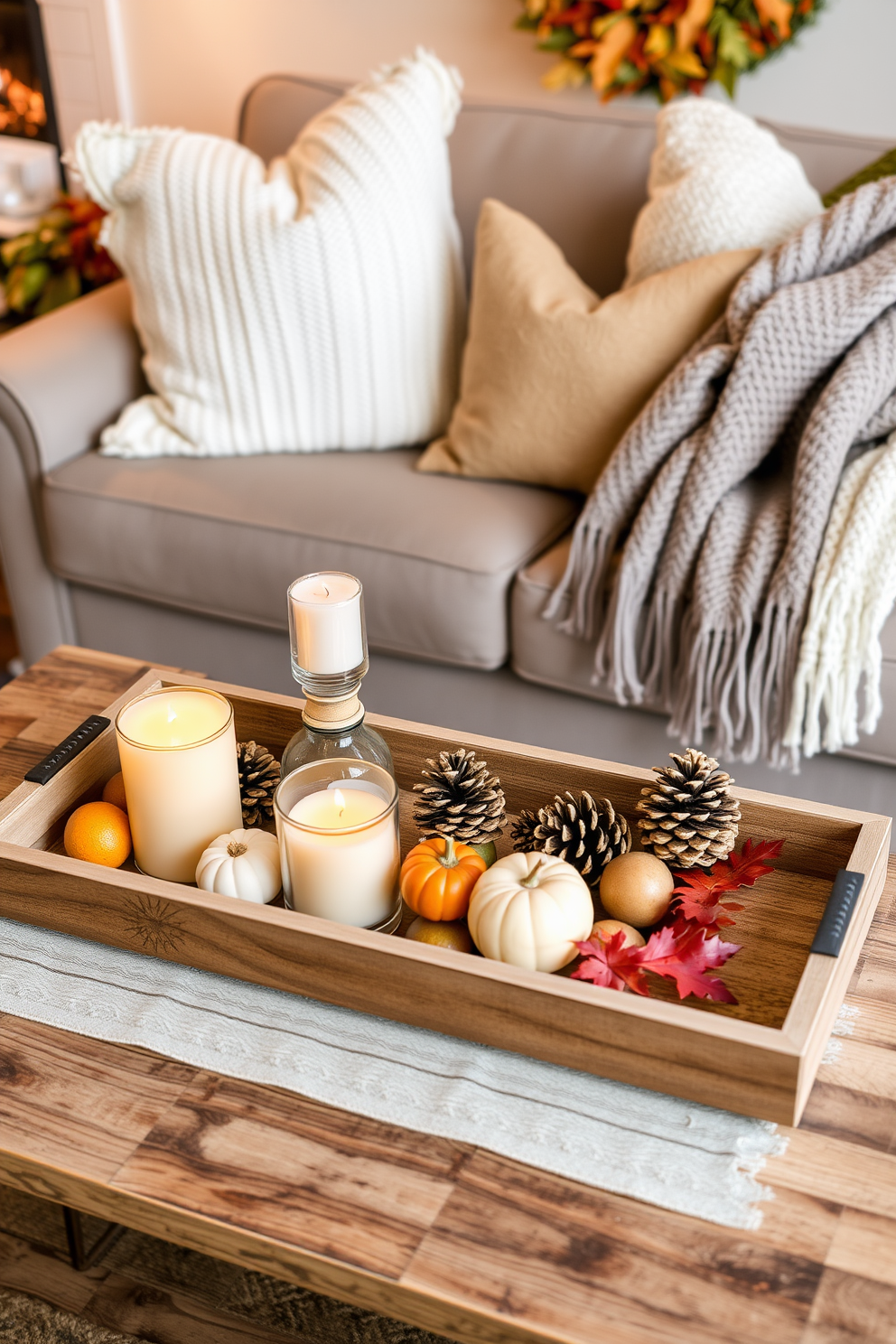 A cozy Thanksgiving living room setup featuring decorative trays arranged on a rustic coffee table. The trays hold small items like candles, pinecones, and seasonal fruits, creating a warm and inviting atmosphere. Soft, warm lighting enhances the ambiance, with plush throw pillows and a knitted blanket draped over a comfortable sofa. Autumn-themed decorations, such as pumpkins and fall foliage, are strategically placed throughout the room to celebrate the season.