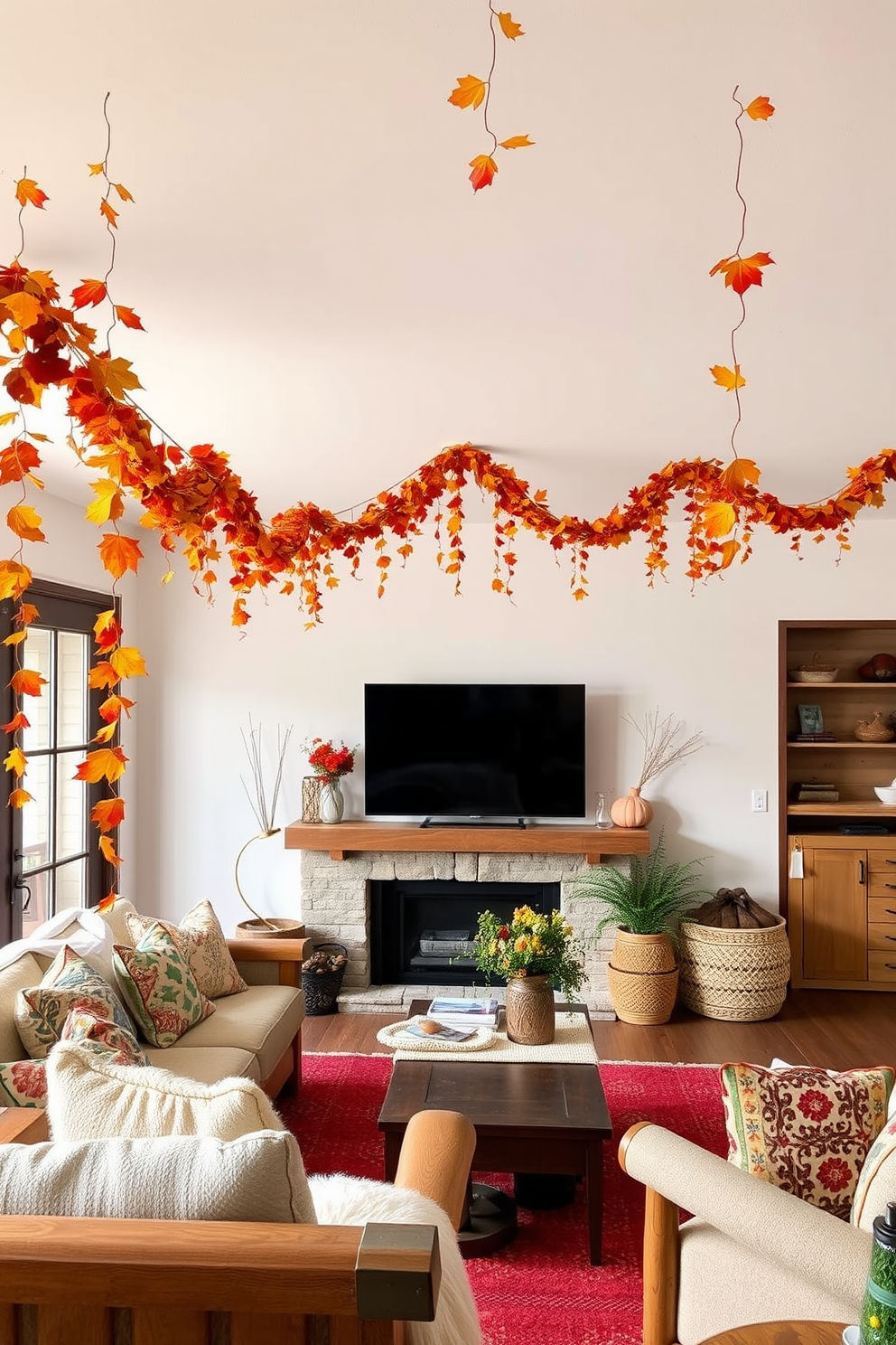 A cozy living room adorned with hanging garlands of vibrant autumn leaves. The warm tones of the leaves complement the rustic wooden furniture and soft, inviting textiles.