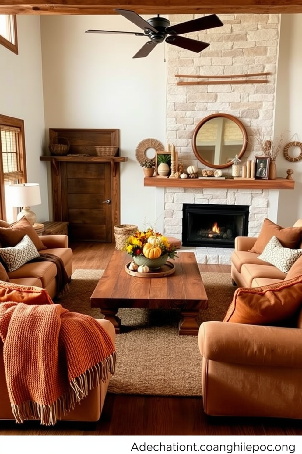 A cozy Thanksgiving living room adorned with wooden accents that evoke a rustic feel. The space features a large reclaimed wood coffee table surrounded by plush, earth-toned sofas and a warm, inviting fireplace. Natural elements like woven baskets and seasonal decorations enhance the autumnal atmosphere. Soft, textured throw blankets and pillows in deep orange and brown tones complete the inviting ambiance.