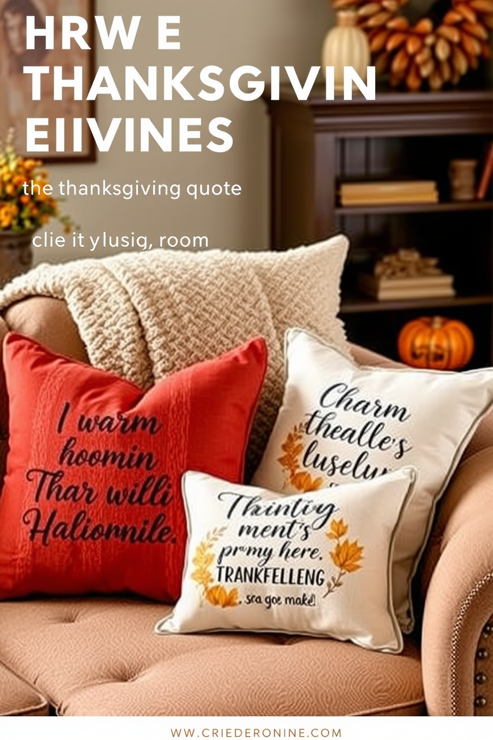 Thanksgiving themed throw blankets are draped over plush armchairs in a cozy living room. The warm hues of the blankets complement the autumnal decor, creating an inviting atmosphere for family gatherings. A rustic coffee table is adorned with a centerpiece of seasonal flowers and candles. Soft lighting enhances the festive ambiance, making the space perfect for celebrating the holiday.