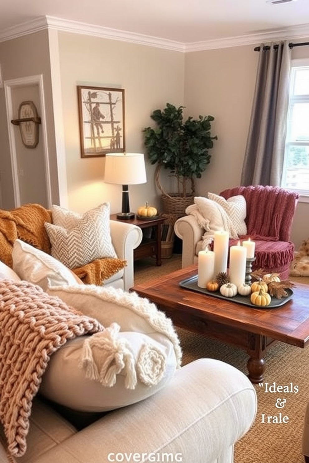 A warm and inviting living room adorned for Thanksgiving. Plush sofas are layered with cozy knit throws in earthy tones, creating a perfect spot for relaxation and gathering. The space features a rustic coffee table topped with seasonal decorations, including pumpkins and candles. Soft lighting from a nearby lamp enhances the cozy atmosphere, making it ideal for family gatherings.