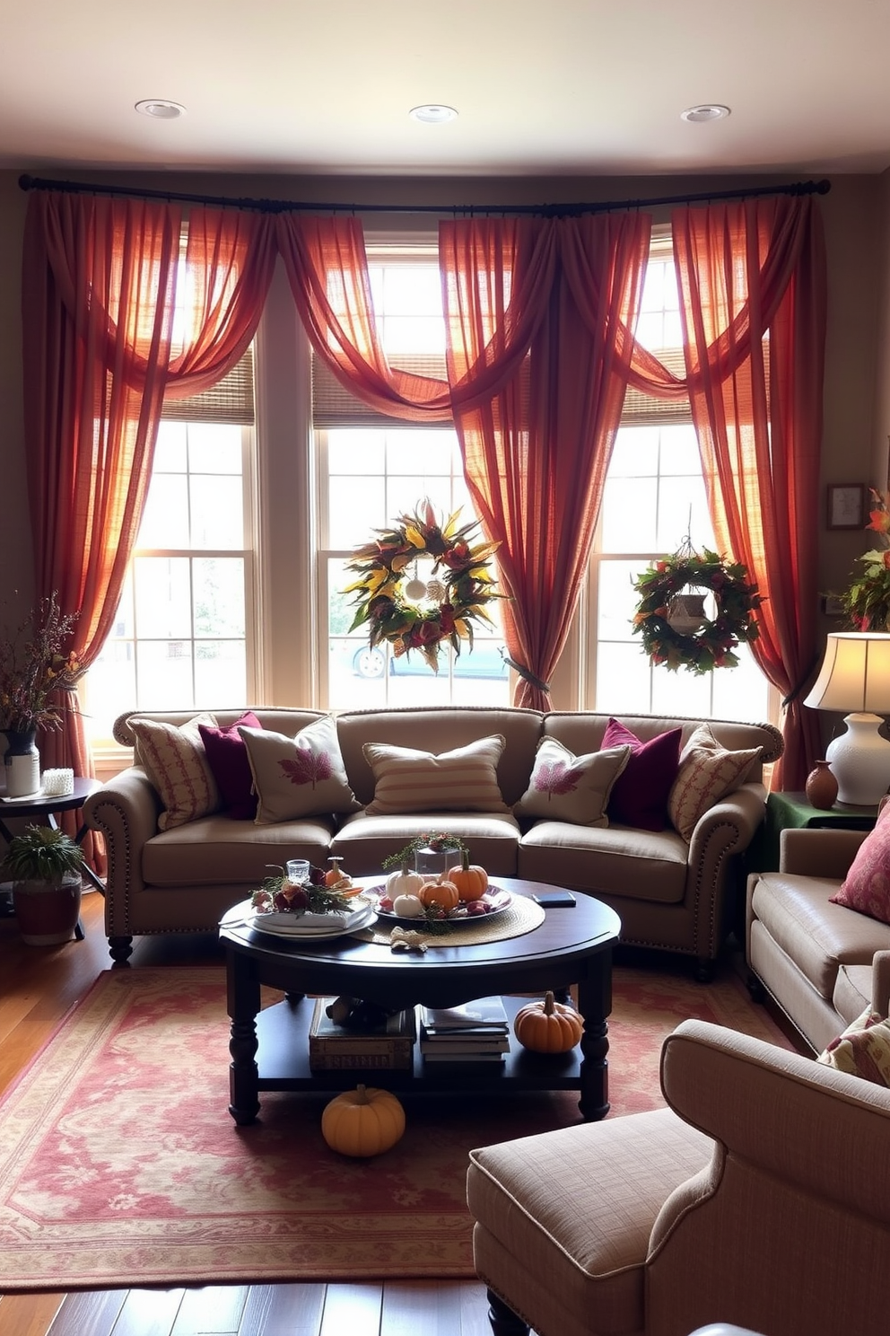 A warm and inviting living room adorned for Thanksgiving. Layered curtains in rich autumn hues frame the windows, creating a cozy atmosphere that complements the seasonal decorations.