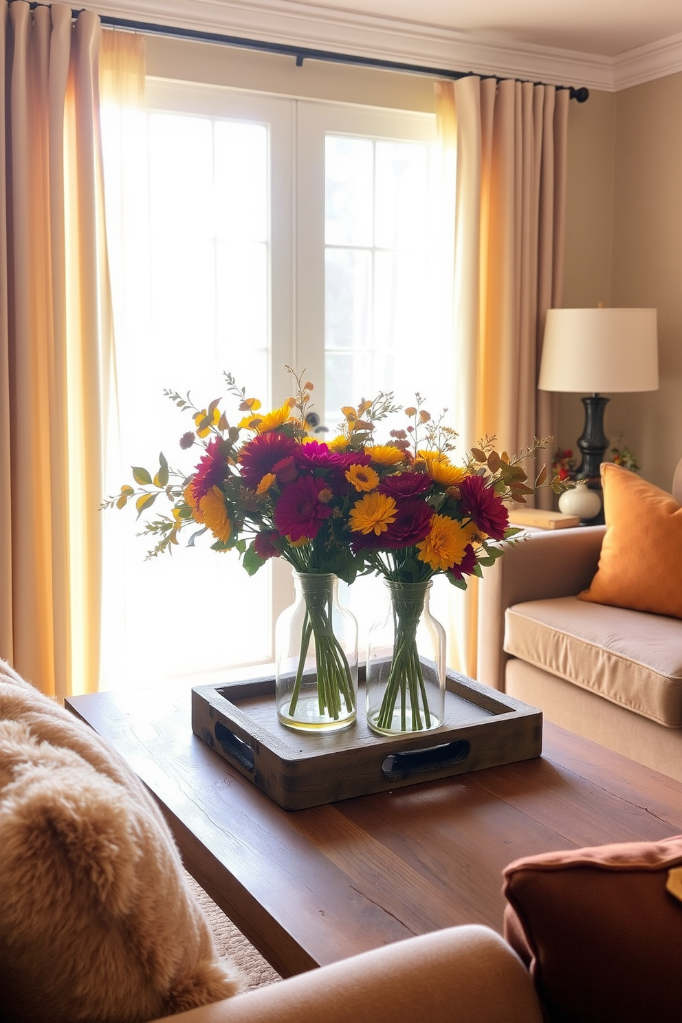 A warm and inviting living room adorned for Thanksgiving. The focal point is a rustic wooden coffee table topped with glass vases filled with seasonal flowers in vibrant autumn hues. Soft golden light filters through sheer curtains, creating a cozy ambiance. Plush throw pillows in rich earth tones are scattered across a comfortable sofa, enhancing the festive atmosphere.