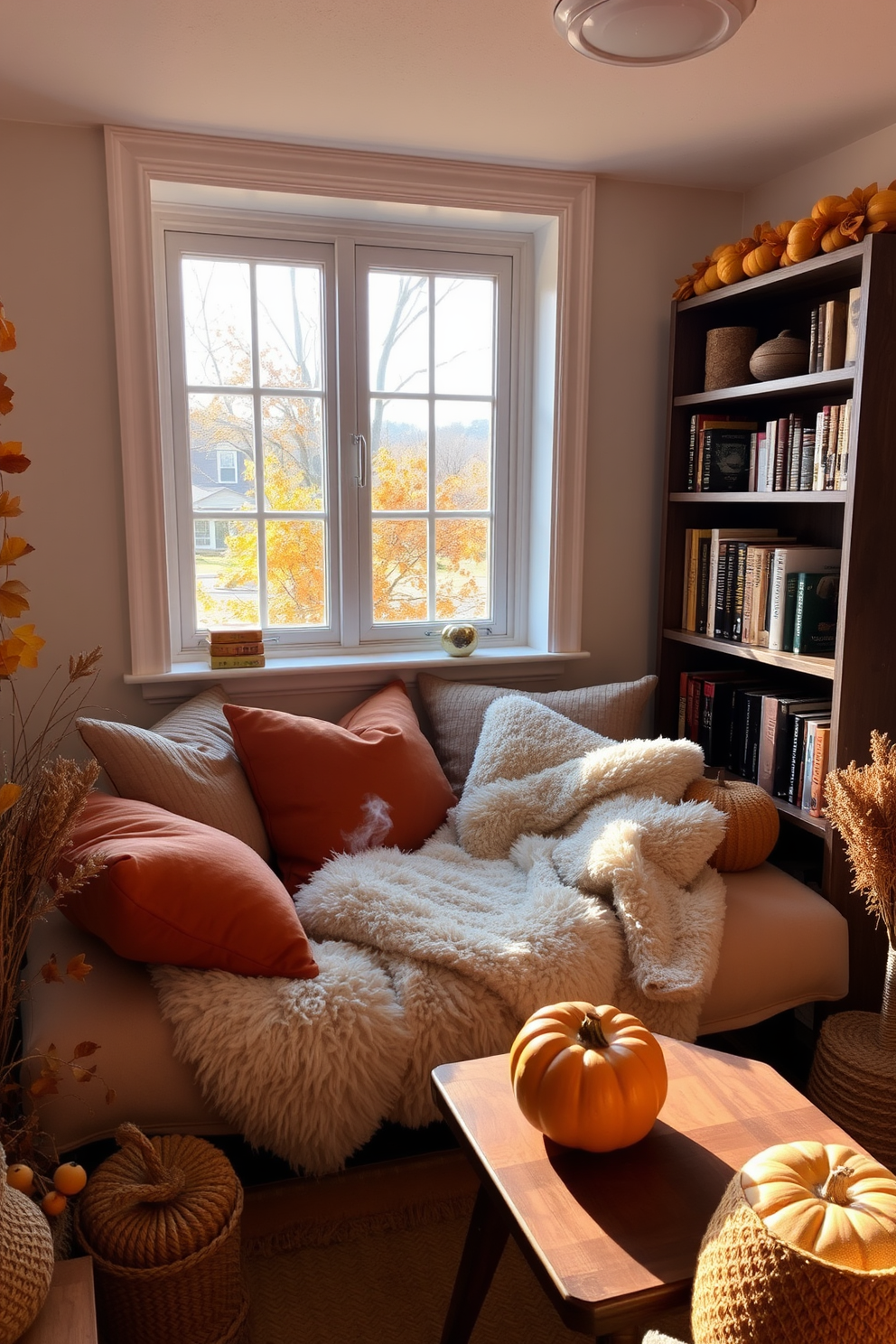 A cozy reading nook filled with soft cushions and a plush throw blanket. A large window lets in warm natural light, and a small bookshelf is stocked with fall-themed books. In the corner, a wooden side table holds a steaming cup of tea and a decorative pumpkin. The room is adorned with autumn colors, featuring orange and gold accents throughout the decor.