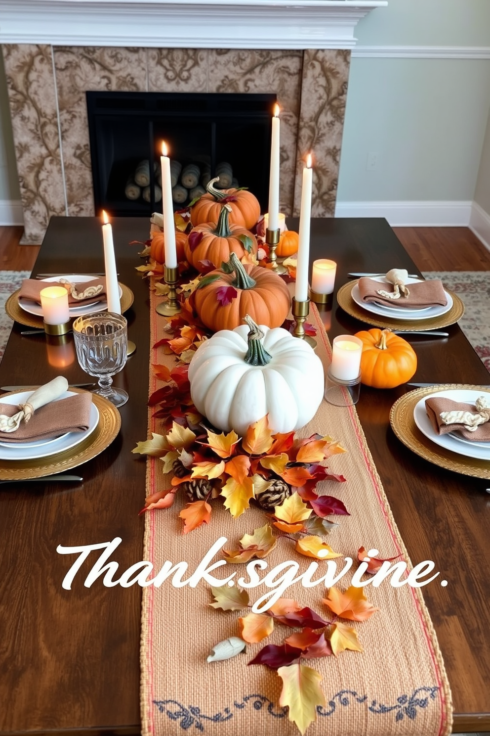 A beautifully set coffee table for Thanksgiving features a warm, earthy table runner adorned with autumn leaves and pumpkins. Surrounding the runner are elegant dinnerware and candles, creating a cozy and inviting atmosphere for family gatherings.