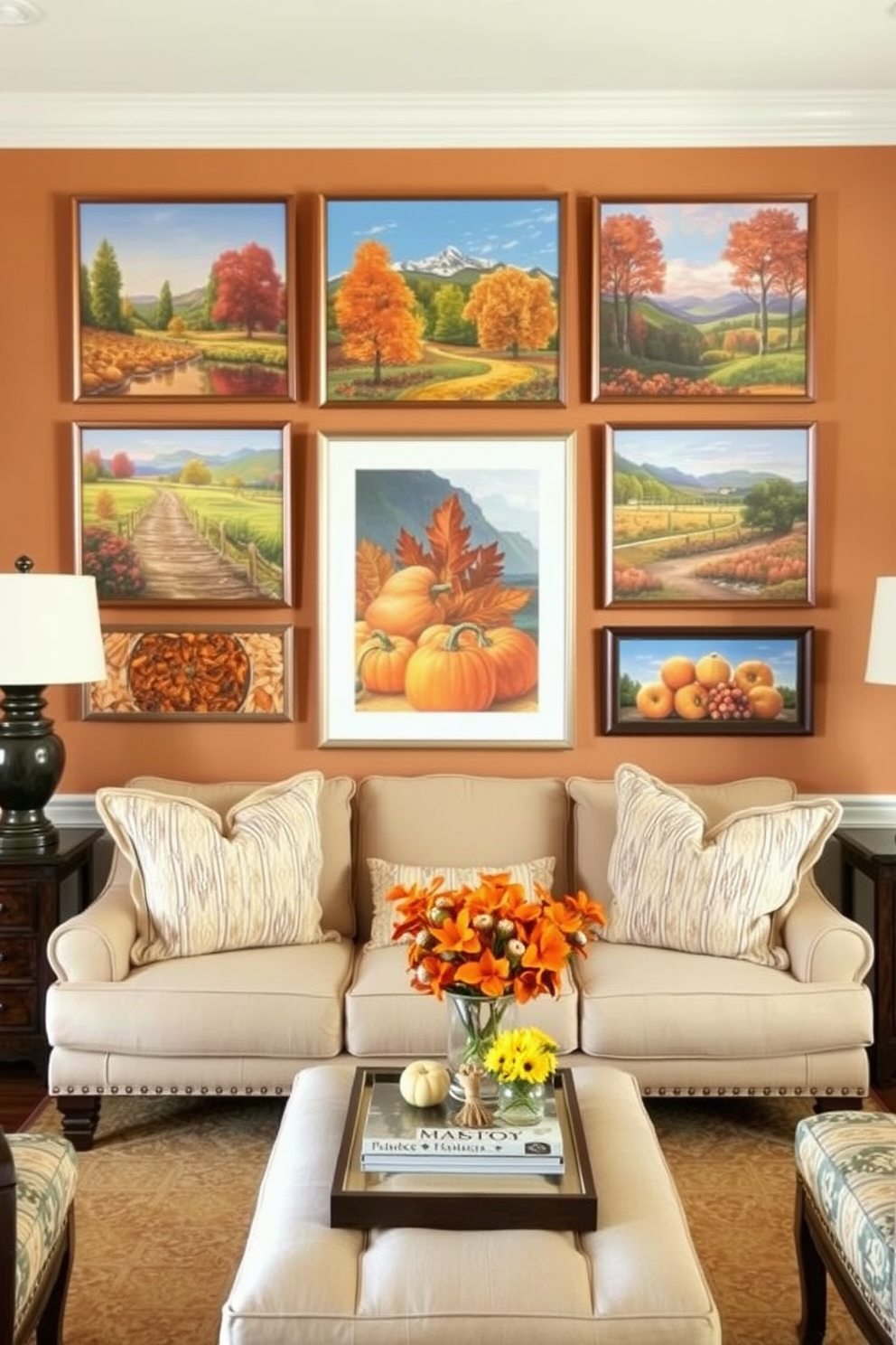 A cozy Thanksgiving living room setting filled with warm seasonal fragrances. Plush cushions in autumn colors adorn the sofa, while potpourri bowls filled with cinnamon sticks and dried orange slices are placed on the coffee table. A crackling fireplace adds a welcoming glow to the room. Soft, knitted throws are draped over the armchairs, inviting guests to relax and enjoy the festive atmosphere.