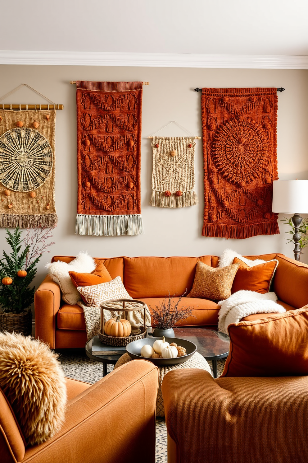 A cozy Thanksgiving living room adorned with textured wall hangings that add visual interest. The warm color palette includes deep oranges and golds, complemented by plush seating and seasonal decor.