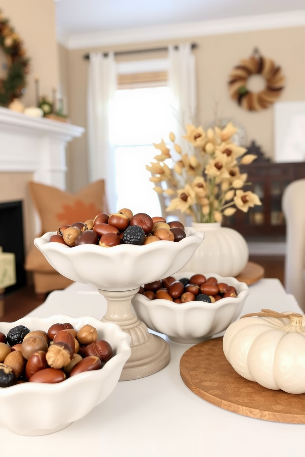 A cozy Thanksgiving living room setting adorned with decorative bowls filled with acorns and nuts. The warm color palette features rich browns and golds, creating an inviting atmosphere perfect for family gatherings.