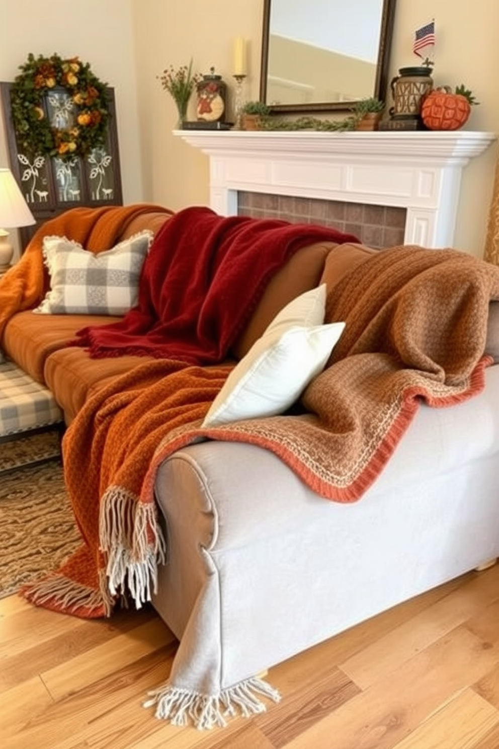 A cozy Thanksgiving living room adorned with oversized blankets draped over a plush sectional sofa. The warm tones of the blankets complement the autumn-inspired decor, creating an inviting atmosphere for family gatherings.