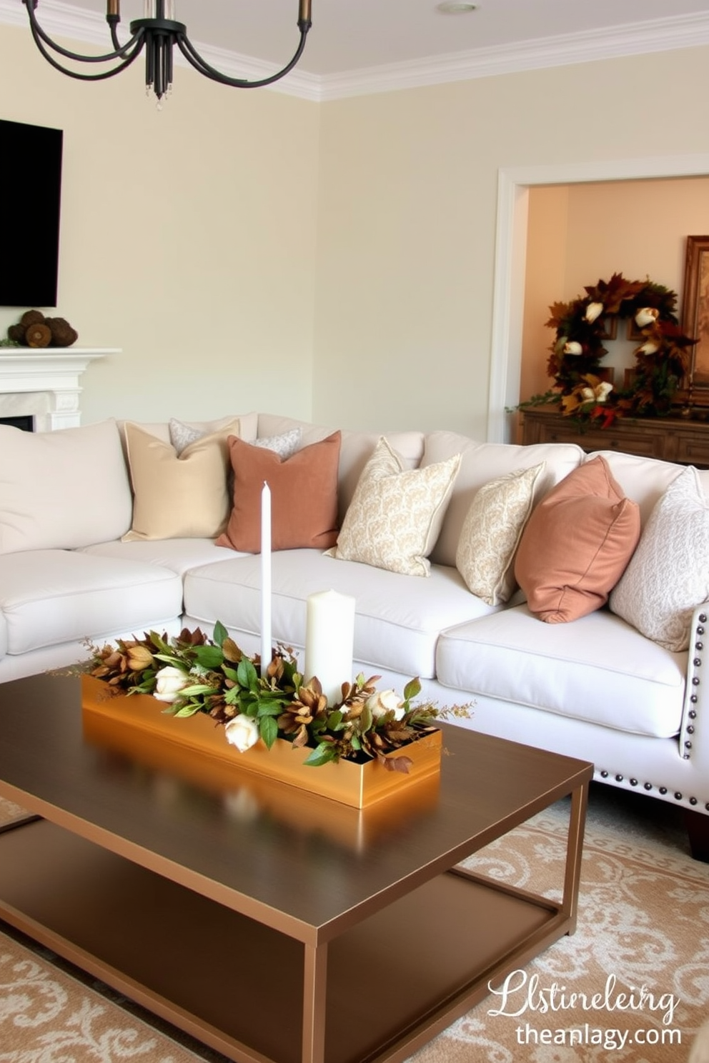 A Thanksgiving living room decorated with muted metallics that add a touch of elegance. The space features a plush sectional sofa adorned with soft, textured cushions in warm earth tones. A coffee table made of brushed gold holds a centerpiece of seasonal foliage and candles. The walls are painted in a soft cream, enhancing the warm glow from the metallic accents throughout the room.