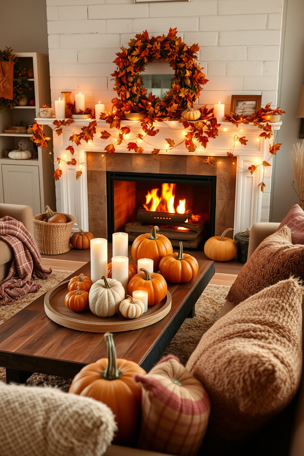 A cozy living room adorned for Thanksgiving. Shelves are filled with vibrant pumpkin and gourd arrangements in various sizes and colors, creating a warm and inviting atmosphere. Soft, plush seating is arranged around a rustic coffee table. A festive table runner featuring autumn leaves adds a seasonal touch to the decor.