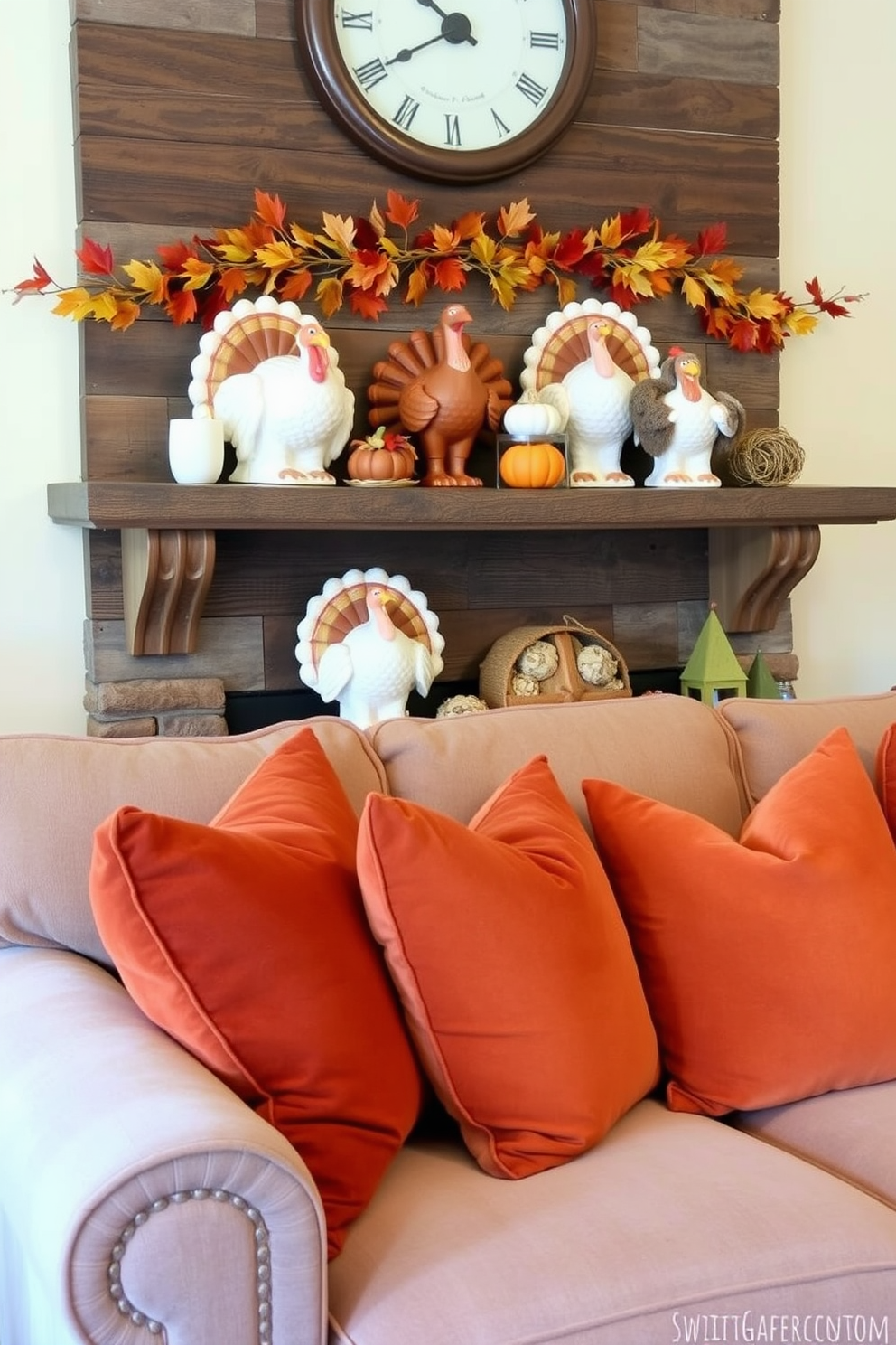 A cozy Thanksgiving living room featuring layered textures throughout the space. Plush faux fur throws drape over a soft velvet sofa, inviting warmth and comfort. The color palette includes rich autumn hues with accents of gold and deep orange. A rustic wooden coffee table sits center stage, adorned with seasonal decor and candles for a festive touch.