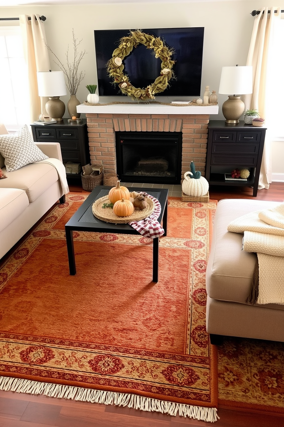 Cozy knit pillows are scattered across a plush sofa, adding warmth and inviting texture to the space. The room is adorned with autumn-themed decor, featuring pumpkins and warm-toned accents that celebrate the Thanksgiving spirit.