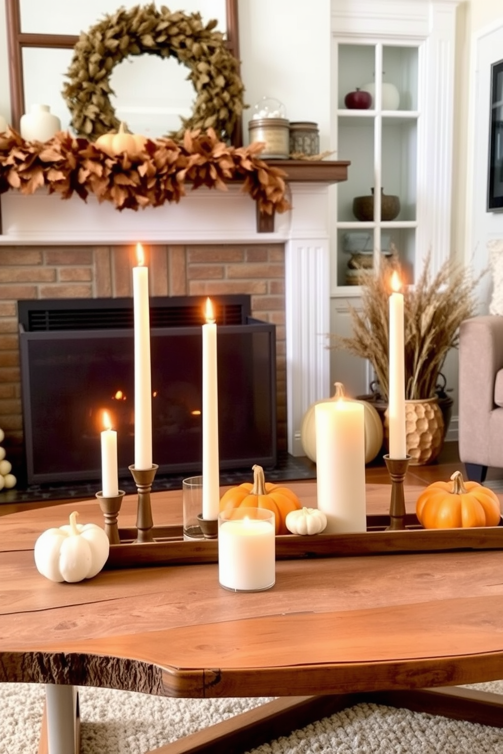 Create a cozy Thanksgiving living room setting featuring candles of varying heights arranged on a rustic wooden coffee table. The warm glow from the candles complements the autumnal decor, which includes pumpkins and a garland of dried leaves draped across the mantel.