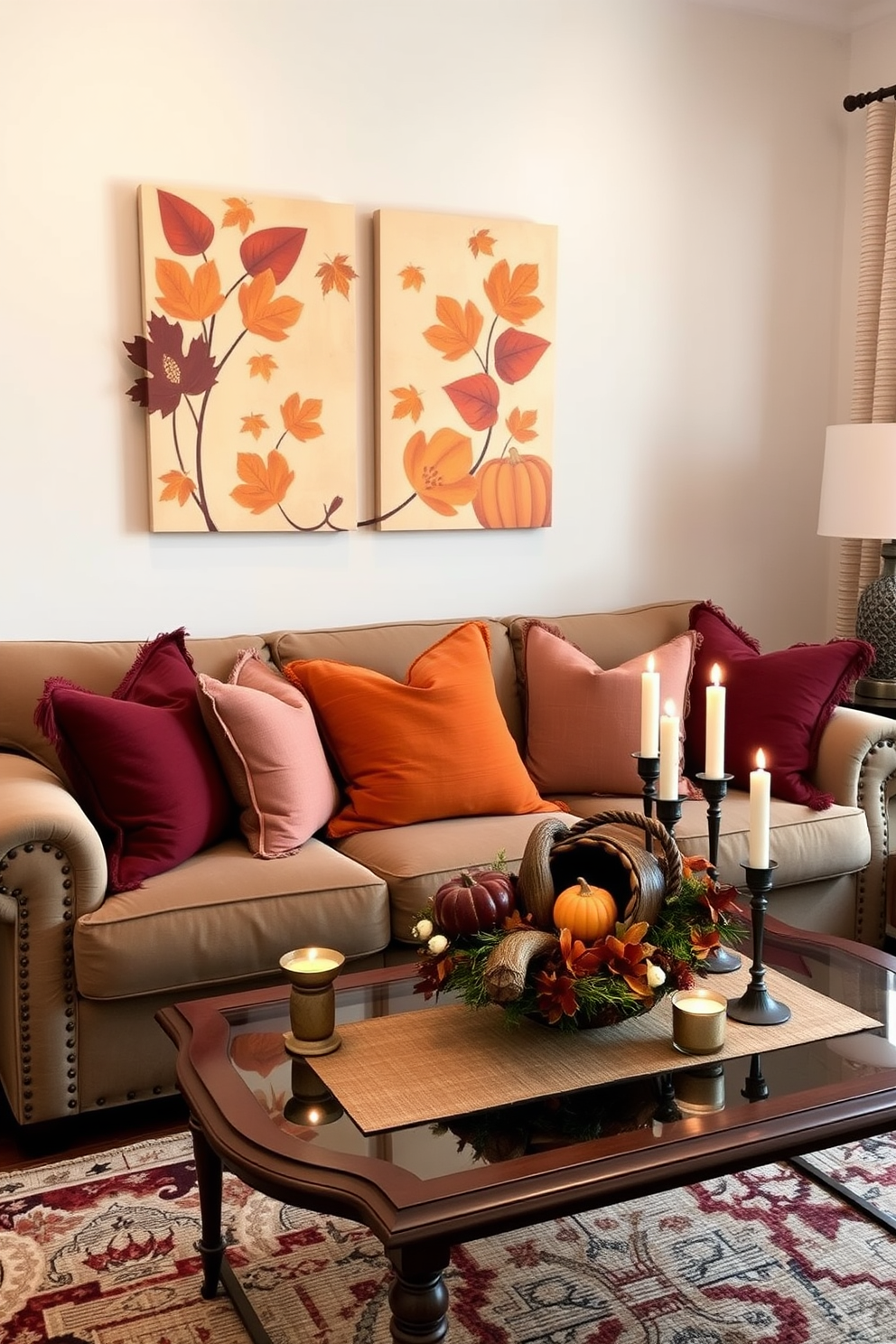 Festive wall art featuring autumn leaves and pumpkins creates a warm and inviting atmosphere. The artwork is complemented by cozy throw pillows in rich orange and deep burgundy hues on a plush sofa. A beautifully set coffee table adorned with a cornucopia centerpiece adds a touch of elegance. Soft, ambient lighting from decorative candles enhances the festive spirit throughout the living room.