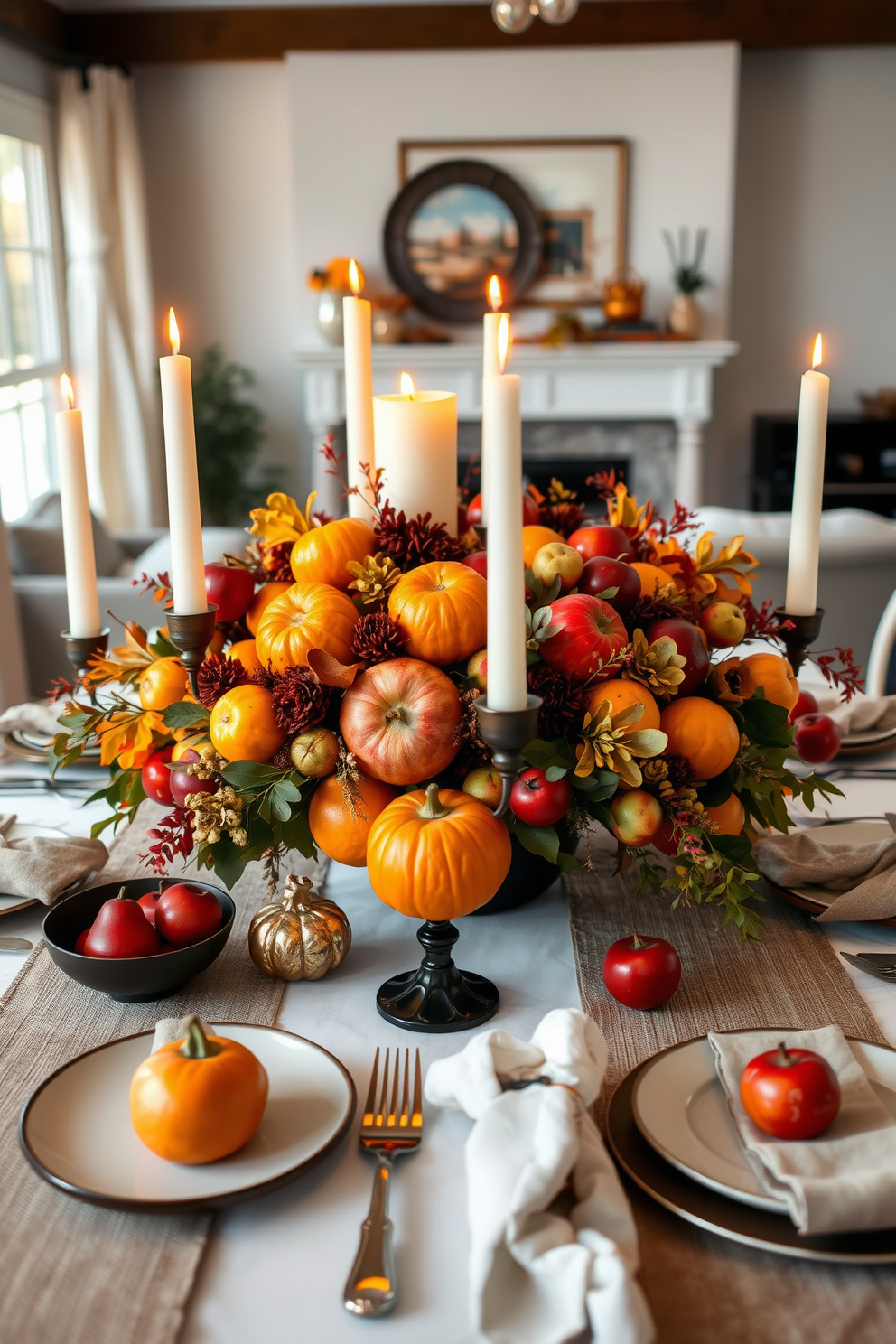 A stunning table centerpiece adorned with an array of seasonal fruits, including vibrant oranges, deep red apples, and golden pears. Surrounding the fruits are elegant candles in varying heights, creating a warm and inviting atmosphere for Thanksgiving. The dining table is beautifully set with rustic linen table runners and chic dinnerware that complements the autumn theme. Soft, ambient lighting enhances the cozy feel of the living room, making it the perfect space for family gatherings.