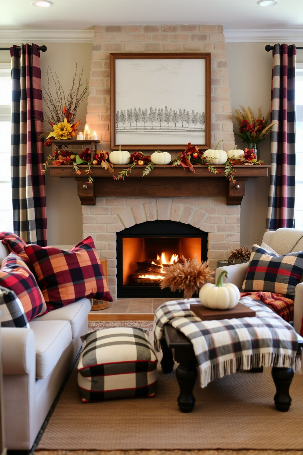 A cozy Thanksgiving living room adorned with plaid accents in pillows and blankets. The space features a warm fireplace with a rustic mantel decorated with seasonal foliage and pumpkins.