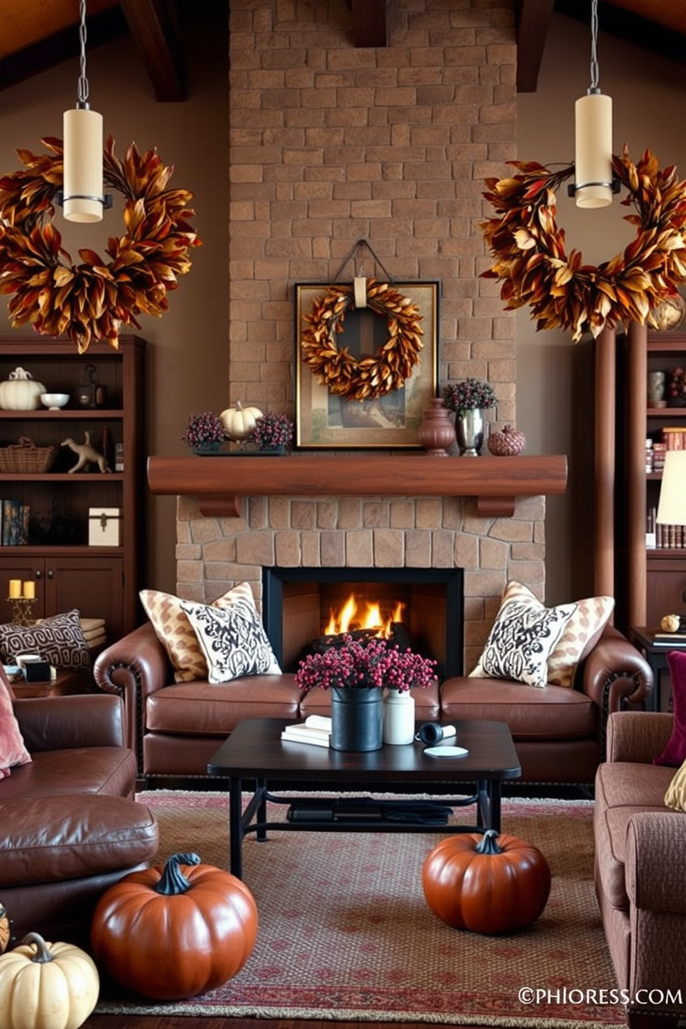 A warm and inviting living room adorned for Thanksgiving features a seasonal wreath on the front door made of vibrant autumn leaves and small pumpkins. Inside, the space is decorated with plush throw pillows in rich burgundy and gold hues, while a cozy blanket drapes over the arm of a comfortable sofa.