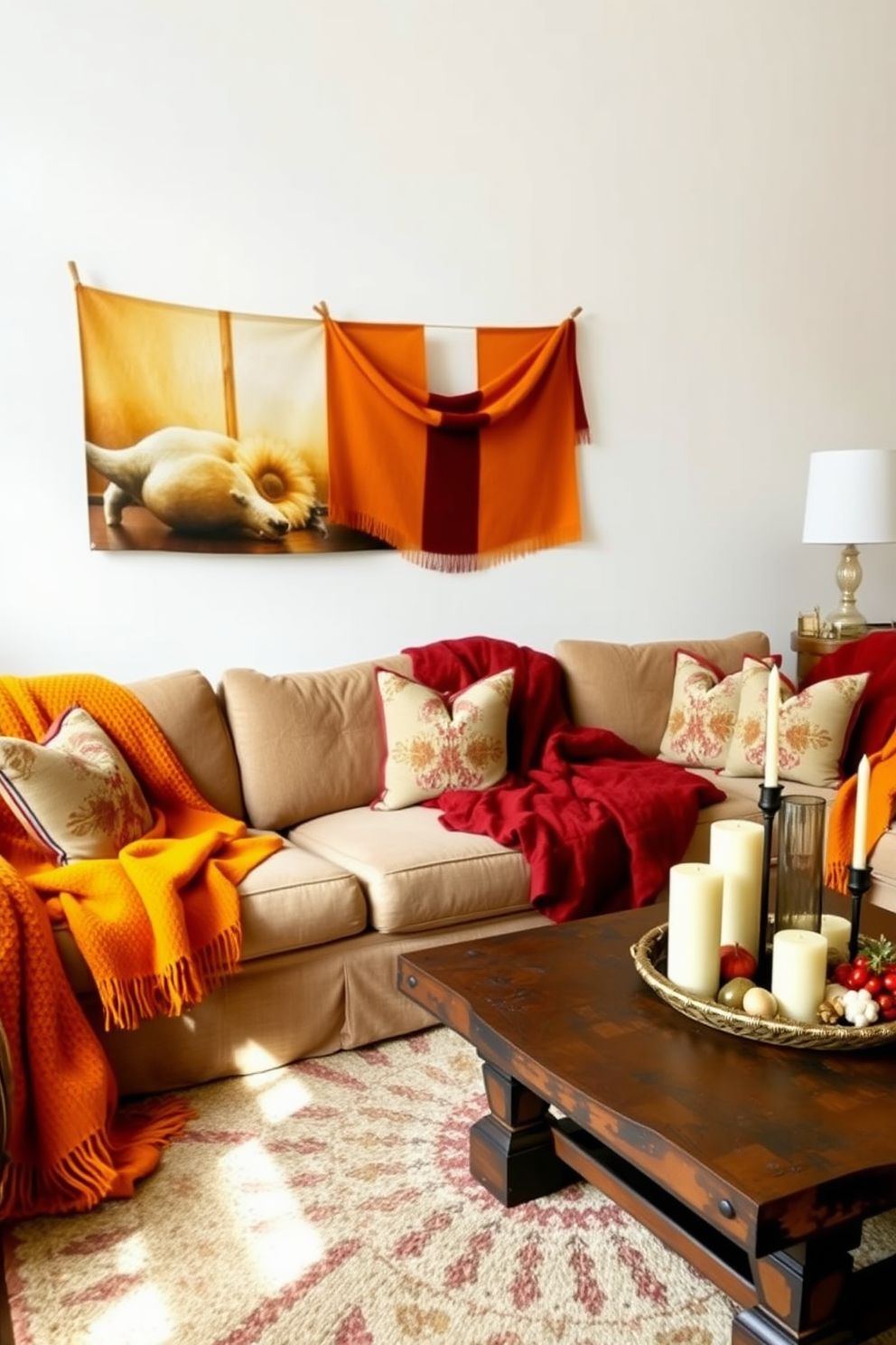 Warm autumnal throw blankets draped casually over plush sofas create a cozy and inviting atmosphere. The rich hues of orange, burgundy, and mustard complement the soft textures, enhancing the warmth of the loft space. Decorative pillows with seasonal patterns add a touch of festive charm to the seating area. A rustic coffee table adorned with candles and seasonal decor completes the Thanksgiving loft decorating theme.