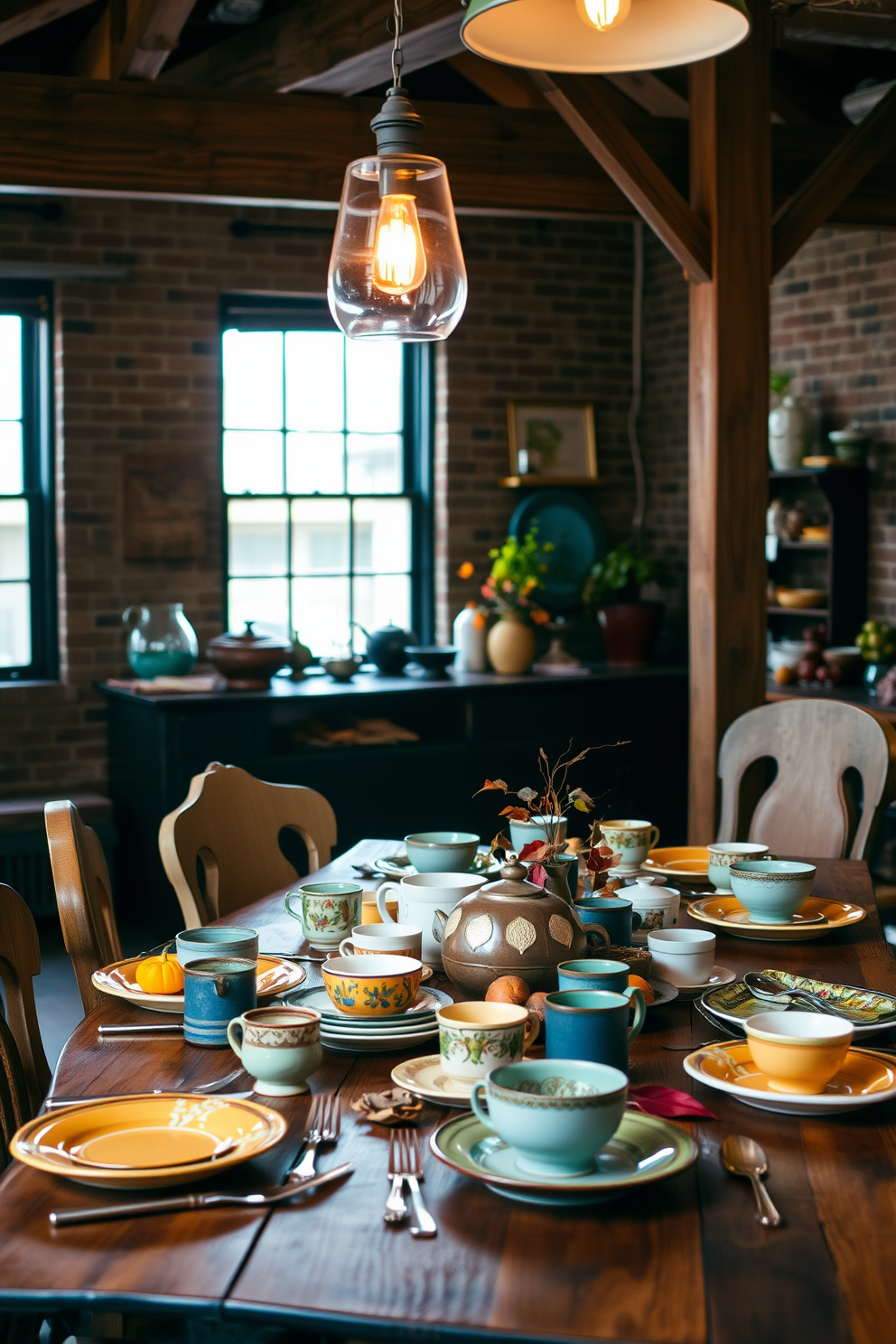 A cozy loft dining area adorned with vintage dishes that evoke a sense of nostalgia. The wooden table is set with an array of colorful ceramic plates, mismatched cups, and antique silverware, creating a warm and inviting atmosphere for Thanksgiving. Soft, ambient lighting illuminates the space, highlighting the rustic wooden beams and exposed brick walls. Seasonal decorations, such as small pumpkins and autumn leaves, complement the vintage tableware, enhancing the festive spirit of the occasion.