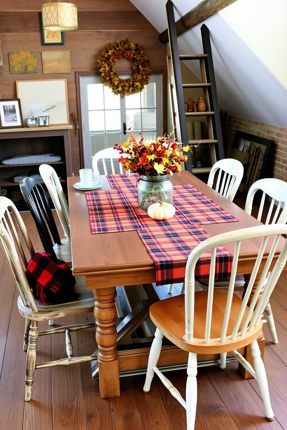 A cozy loft setting for Thanksgiving featuring a rustic wooden dining table adorned with plaid table runners in warm autumn colors. Surrounding the table are mismatched chairs, each with its own unique style, creating an inviting atmosphere for family gatherings.