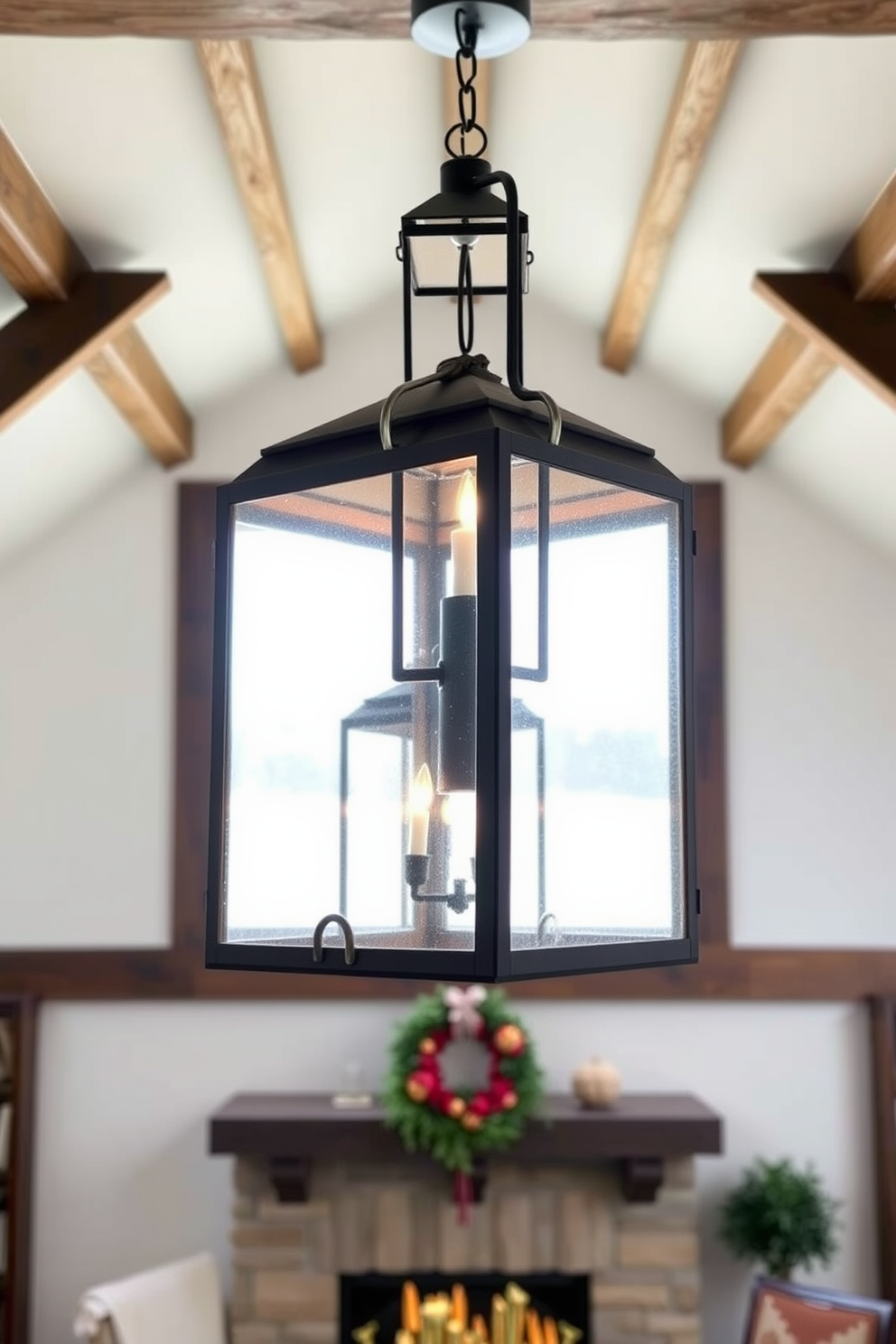 Charming lanterns hang from the ceiling, casting a warm glow across the loft space. The decor features rustic wooden beams and cozy textiles, creating an inviting atmosphere for Thanksgiving gatherings.