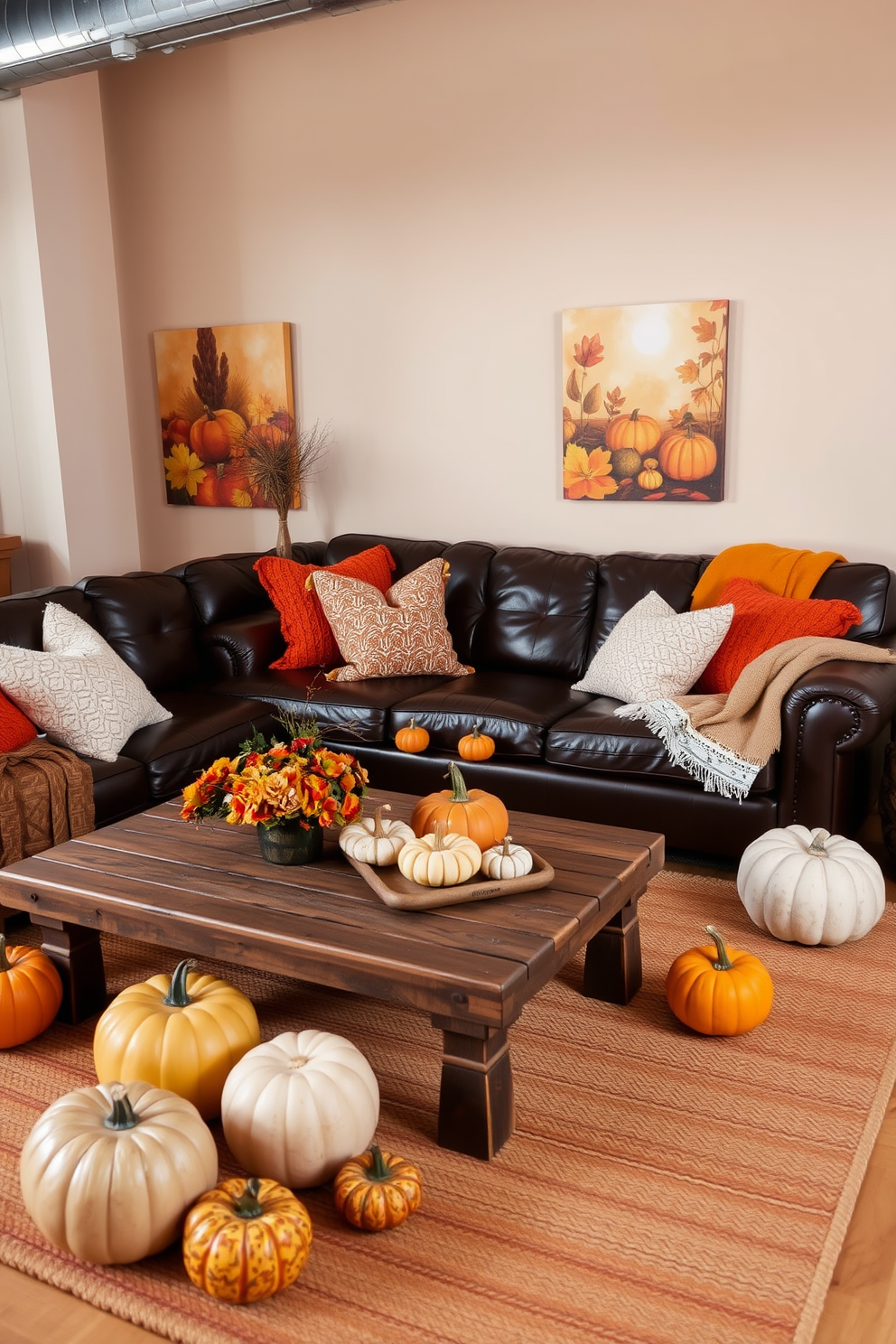 A cozy loft space adorned for Thanksgiving. Decorative glass jars filled with acorns are strategically placed on rustic wooden shelves, adding a touch of autumn charm. Warm-toned throw pillows and a soft blanket are draped over a plush sofa. The walls are painted in a warm beige, and a harvest-themed wreath hangs above the mantelpiece.