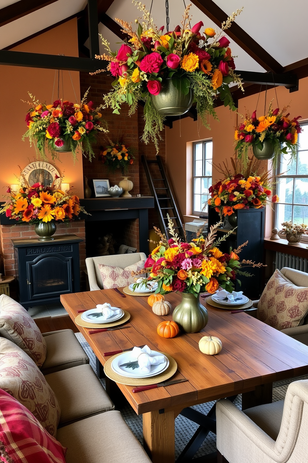 Handmade place cards for each guest are elegantly designed with a rustic charm. Each card features a unique calligraphy style, showcasing the name of the guest in warm, inviting colors. Thanksgiving loft decorating ideas include a stunning centerpiece made of seasonal foliage and candles. Soft, ambient lighting enhances the cozy atmosphere, making the space perfect for gathering with loved ones.