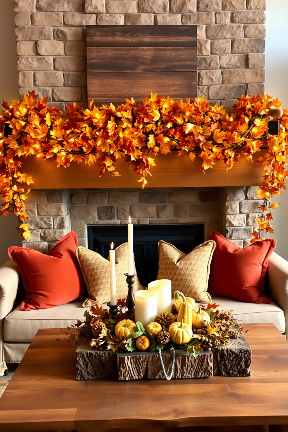 A cozy loft space adorned with charming lanterns casting a warm glow throughout the room. The lanterns are strategically placed on shelves and tables, enhancing the festive atmosphere of Thanksgiving with soft, inviting light.