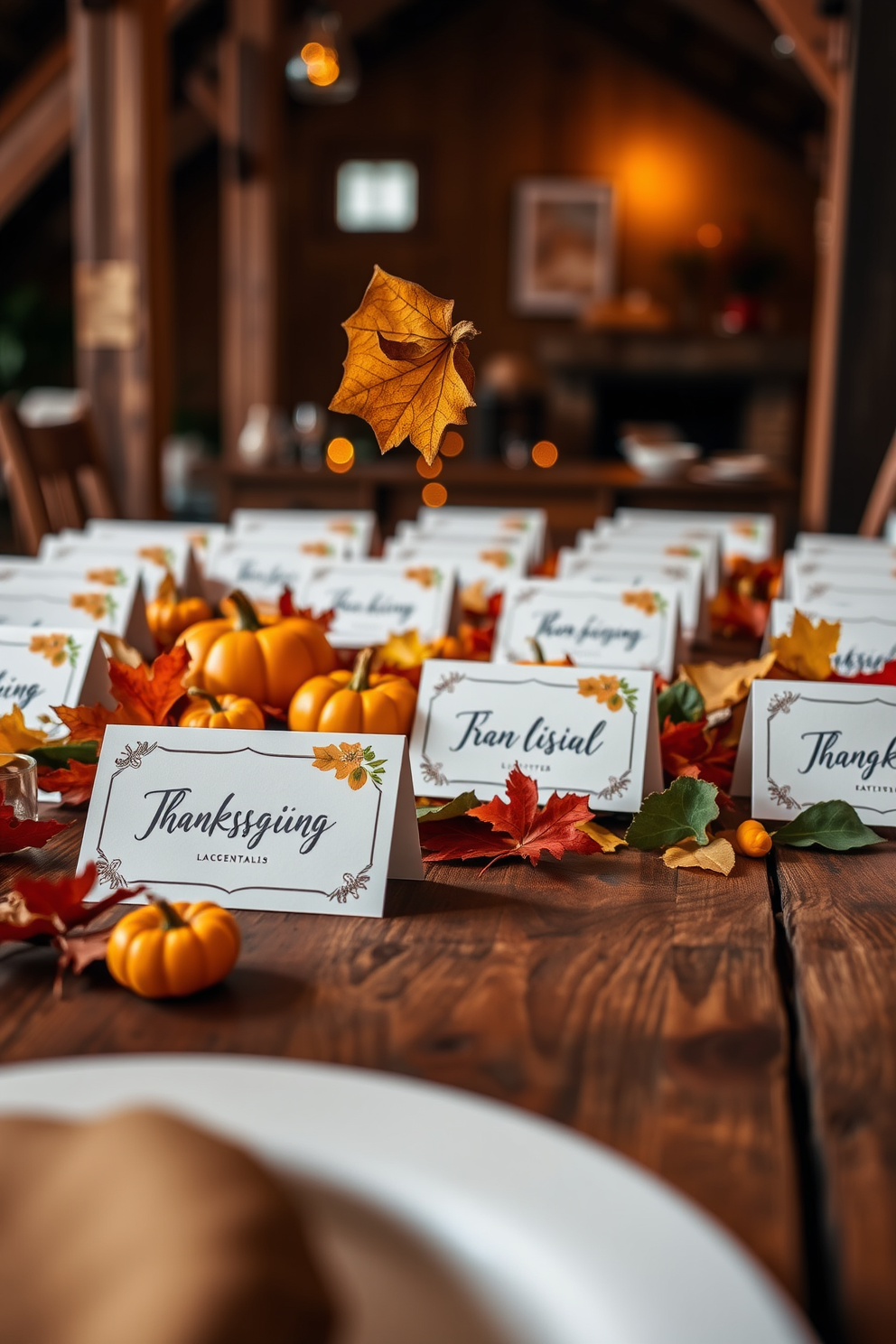 Creative place cards for dinner guests. Each card features a unique design that reflects the warmth and spirit of Thanksgiving. The place cards are elegantly arranged on a rustic wooden table adorned with autumn leaves and small pumpkins. Soft, ambient lighting enhances the cozy atmosphere of the loft, making the setting inviting for all.