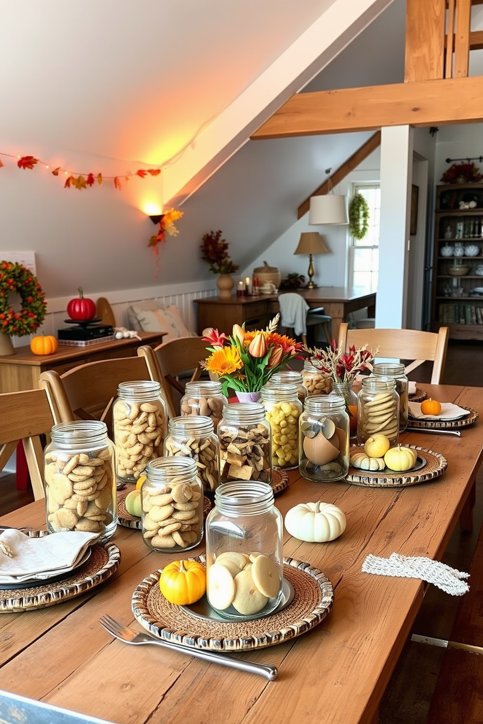 A cozy loft space adorned for Thanksgiving features a rustic wooden table set with an array of glass jars filled with seasonal treats like pumpkin spice cookies and caramel apples. Soft, warm lighting casts a welcoming glow, while autumn-themed decorations such as small pumpkins and colorful leaves enhance the festive atmosphere.