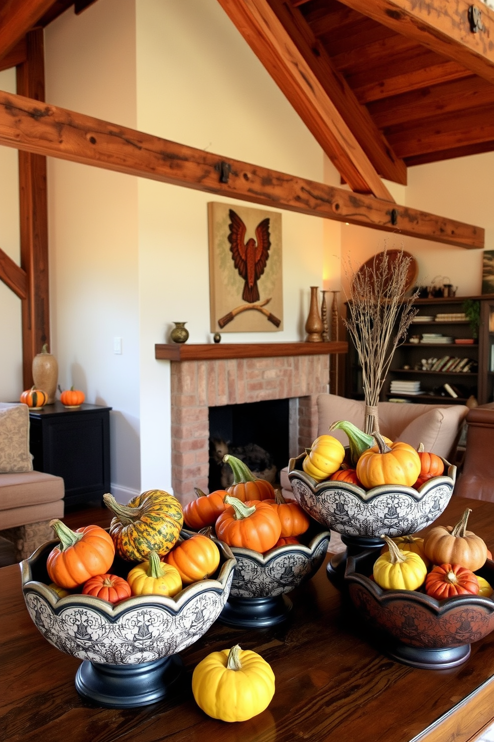 A cozy loft setting adorned with decorative bowls filled with colorful gourds. The warm autumn hues of the gourds complement the rustic wooden beams and soft lighting that create an inviting atmosphere.