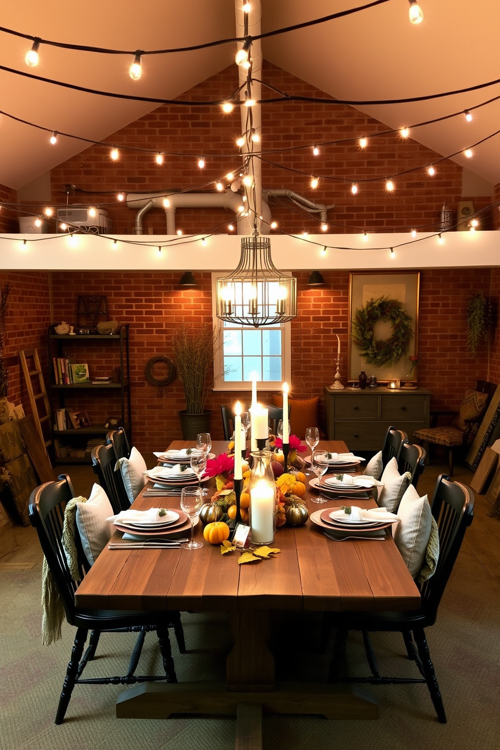 Create a cozy loft space decorated for Thanksgiving. String lights drape across the ceiling, casting a warm glow over a rustic wooden dining table set with autumn-themed centerpieces and candles.