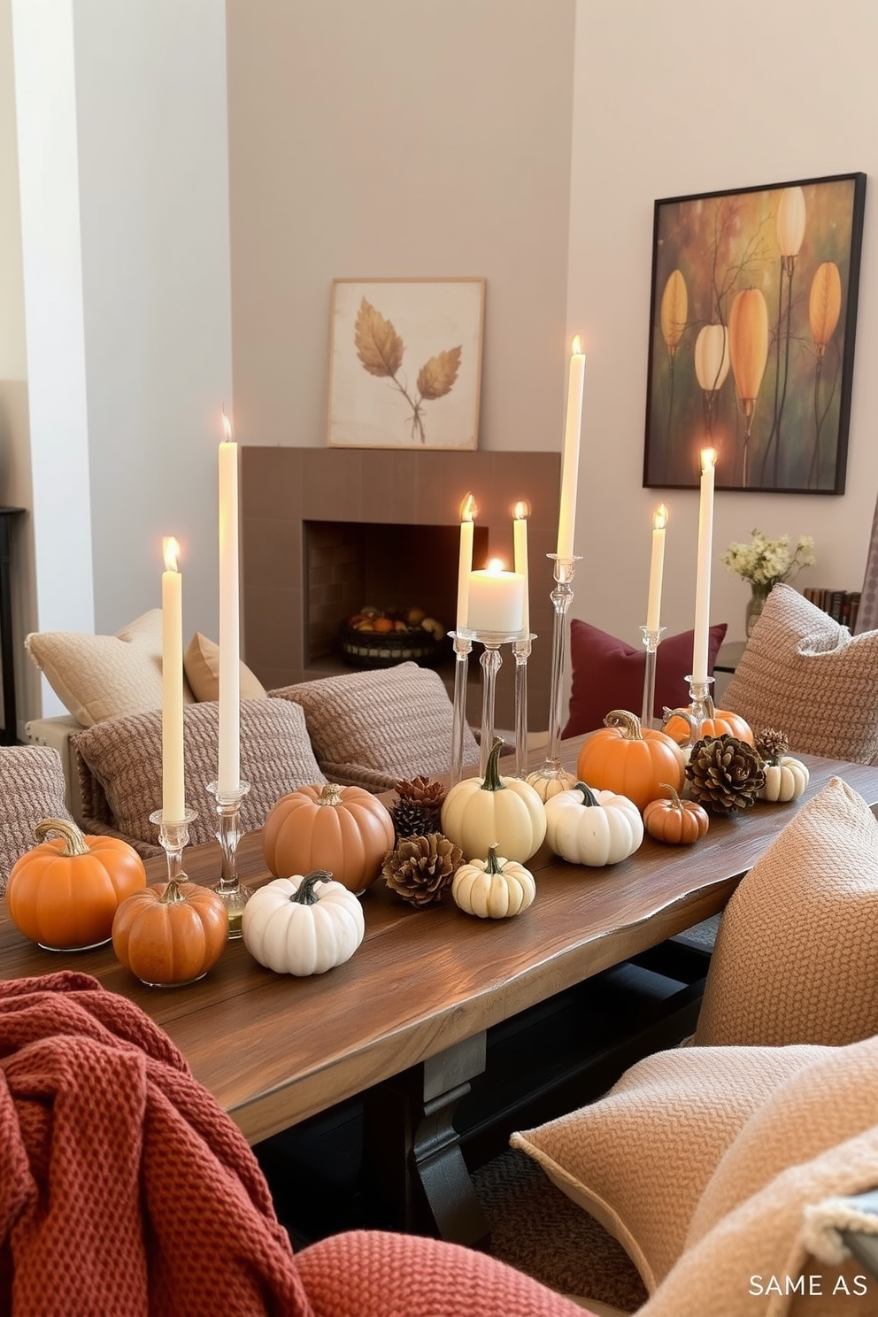 Elegant centerpieces featuring an assortment of decorative pumpkins in varying sizes and colors are arranged on a rustic wooden table. Tall, slender candles in glass holders are positioned among the pumpkins, casting a warm glow that enhances the cozy atmosphere of the loft. The backdrop showcases a neutral-toned wall adorned with seasonal artwork, complementing the autumn theme. Soft, textured throw blankets and cushions in rich earth tones are scattered across the seating area, inviting guests to relax and enjoy the festive ambiance.