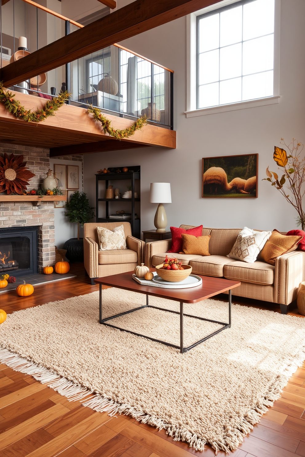 A cozy loft decorated for Thanksgiving featuring textured rugs that add warmth and comfort to the space. The rugs are layered over hardwood floors, complementing the rich autumn colors of the decor.