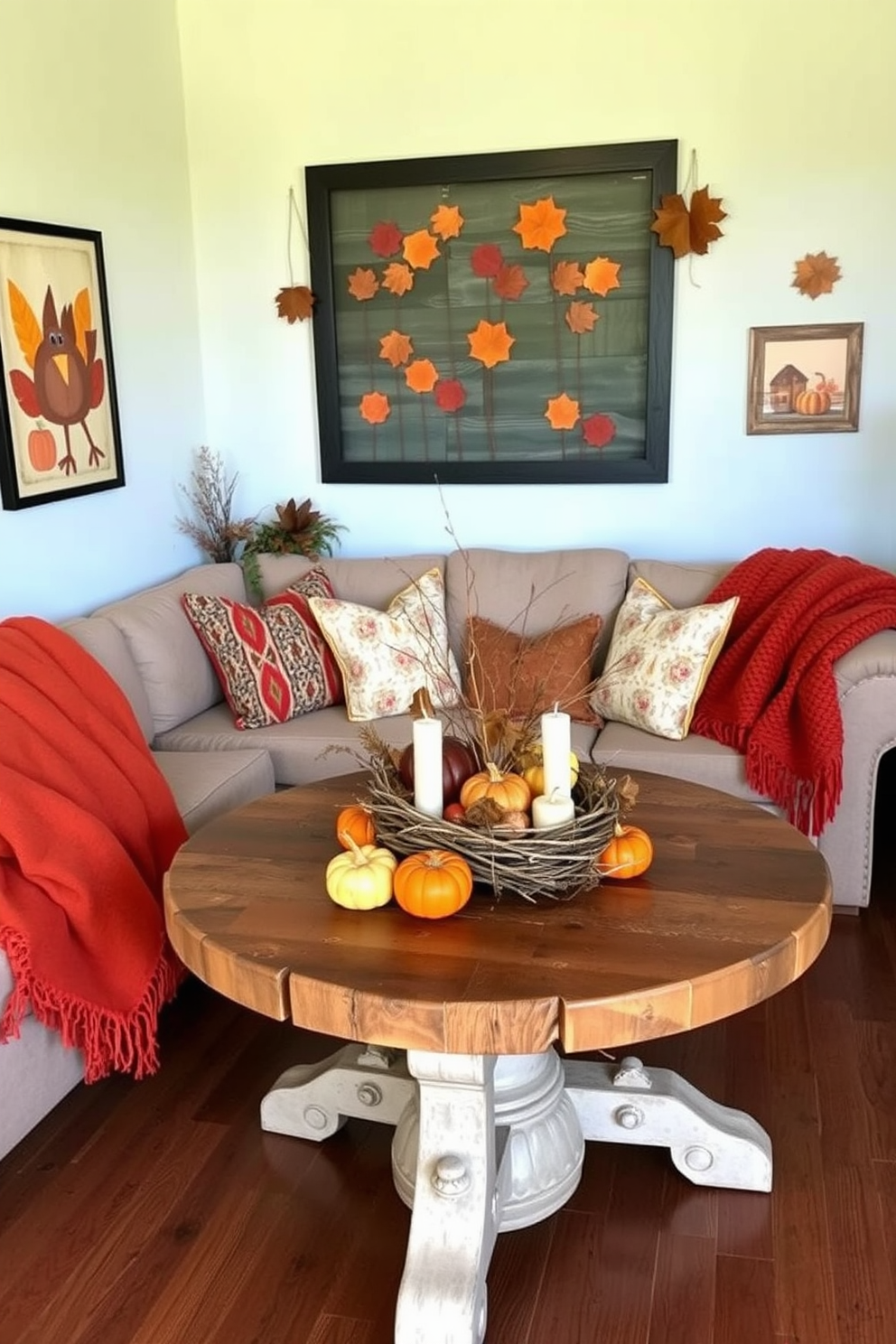 A cozy loft space adorned with hanging garlands of dried leaves creates a warm and inviting atmosphere. The garlands drape elegantly from exposed beams, adding a touch of rustic charm to the decor. Plush throw pillows in autumn hues are scattered across a comfortable sofa, inviting relaxation. A wooden coffee table holds a centerpiece of seasonal fruits and candles, enhancing the Thanksgiving spirit.