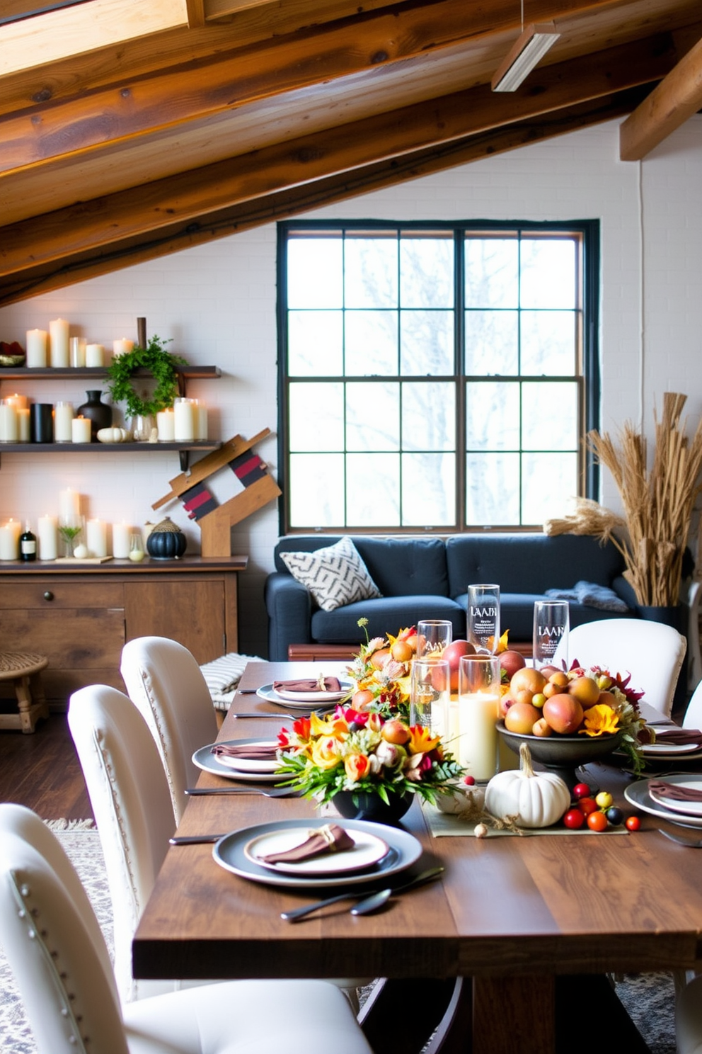 Create a cozy loft space decorated for Thanksgiving. Incorporate seasonal scents with an array of scented candles placed on rustic wooden shelves and a large dining table set with autumn-themed centerpieces.