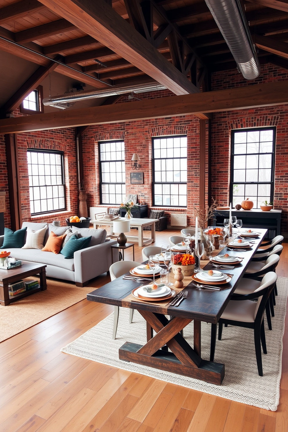 A cozy loft space that blends modern and rustic decor styles for Thanksgiving. The living area features a large sectional sofa with plush cushions alongside a reclaimed wood coffee table adorned with seasonal decorations. In the dining area, a long farmhouse table is set with elegant dinnerware and autumn-themed centerpieces. Exposed wooden beams and large windows provide a warm, inviting atmosphere filled with natural light.