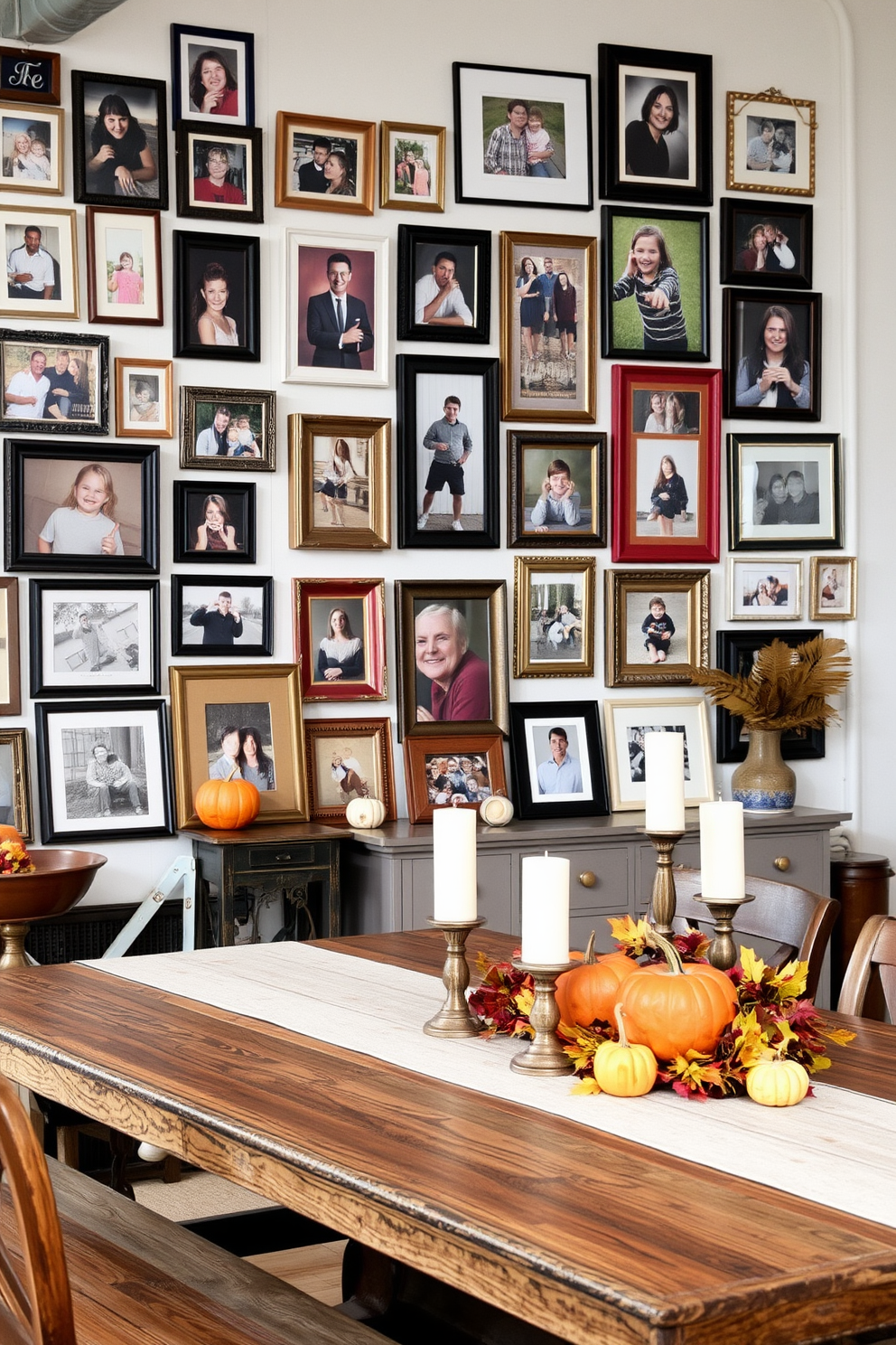 Artful displays of family photos create a warm and inviting atmosphere in the loft. The walls are adorned with an eclectic mix of frames, showcasing cherished memories in various sizes and styles. Thanksgiving decorations bring a festive touch to the space. A rustic dining table is set with autumn-themed centerpieces, including pumpkins, candles, and seasonal foliage.