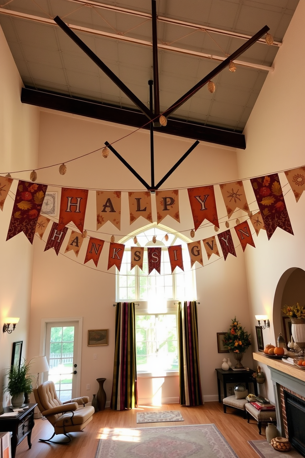 A warm and inviting loft space adorned with celebratory banners that stretch across the walls. The banners feature autumn colors and festive motifs, creating a cheerful atmosphere for Thanksgiving gatherings.