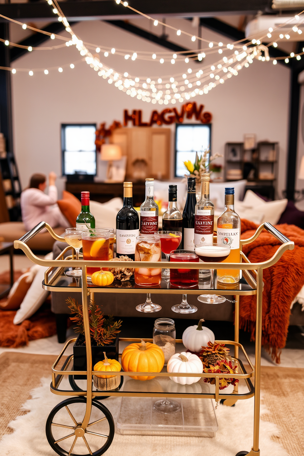 A stylish bar cart is elegantly arranged with an assortment of festive drinks, including sparkling cider, rich red wine, and a selection of seasonal cocktails. The cart features a sleek gold frame and glass shelves, adorned with autumn-themed decorations like small pumpkins and fall foliage. In the backdrop, the loft is decorated with warm hues and cozy textures, incorporating plush throws and decorative pillows. String lights are draped across the ceiling, creating a welcoming ambiance perfect for Thanksgiving gatherings.