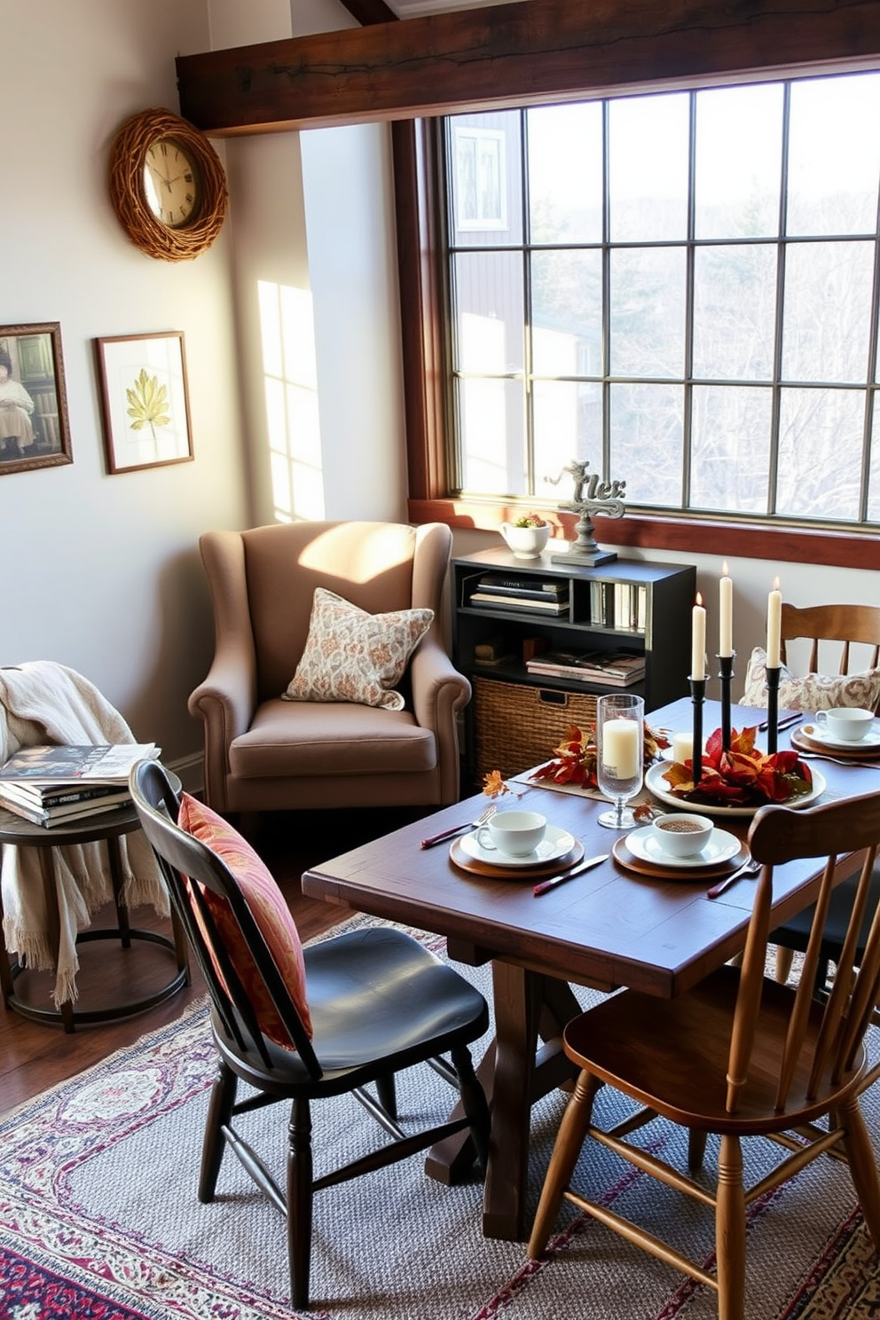 Cozy nooks with reading materials feature a plush armchair in a corner bathed in natural light. A small side table holds a stack of books and a steaming cup of tea, while a soft throw blanket drapes over the chair. Thanksgiving loft decorating ideas include a rustic wooden dining table set for a festive meal. Surrounding the table are mismatched chairs adorned with seasonal cushions and a centerpiece made of autumn leaves and candles.