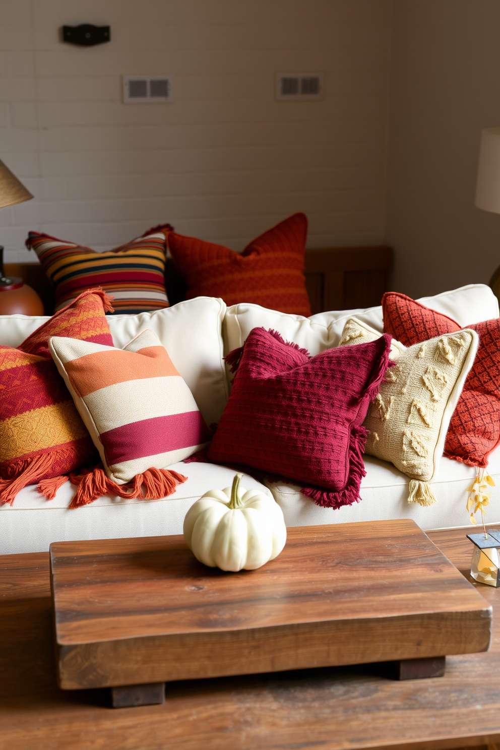 Textured throw pillows in rich shades of orange, burgundy, and mustard are artfully arranged on a plush cream sofa. The pillows feature varied patterns such as stripes, florals, and geometric designs, adding depth and warmth to the cozy loft space. A rustic wooden coffee table sits in front of the sofa, adorned with a small pumpkin and a candle centerpiece. Soft, ambient lighting from a nearby floor lamp creates an inviting atmosphere perfect for Thanksgiving gatherings.