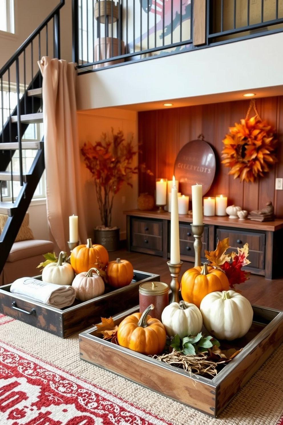 Create a cozy loft space decorated for Thanksgiving. Incorporate decorative trays that organize seasonal displays with pumpkins, candles, and autumn leaves.