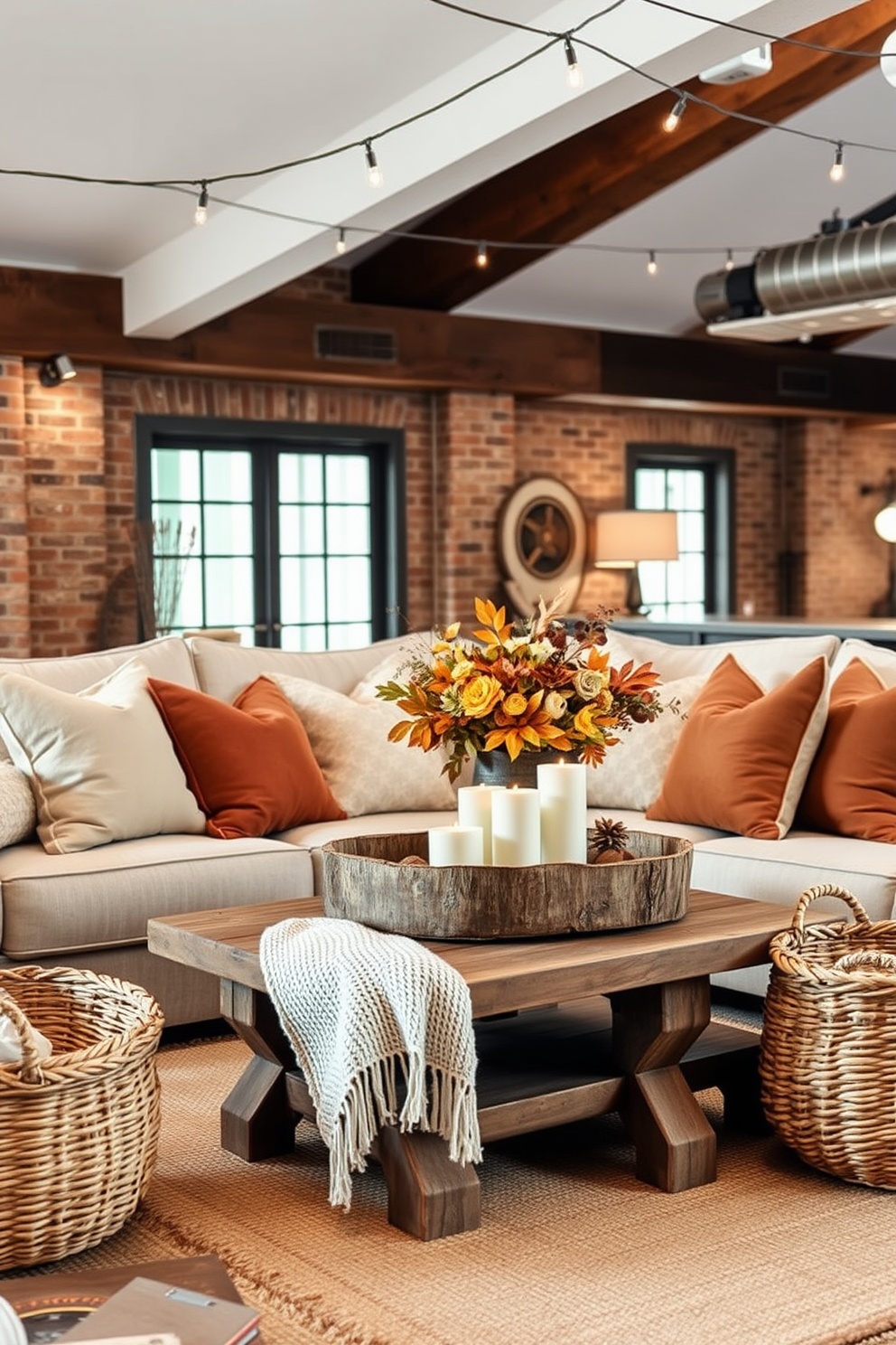 Layered textures create a warm and inviting atmosphere in a loft decorated for Thanksgiving. Plush cushions in various fabrics and colors are artfully arranged on a large sectional sofa, complemented by a soft throw blanket draped over the armrest. Natural elements like a rustic wooden coffee table and woven baskets enhance the cozy vibe. A centerpiece of seasonal flowers and candles adds a festive touch, while string lights twinkle softly overhead, creating a welcoming glow.