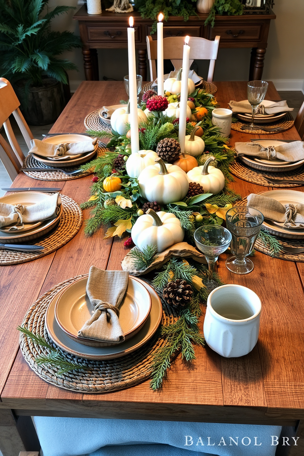 A rustic wooden table is adorned with an array of greenery and seasonal decorations for a Thanksgiving gathering. The table features a mix of textured tableware, including ceramic plates and woven placemats, creating a warm and inviting atmosphere.