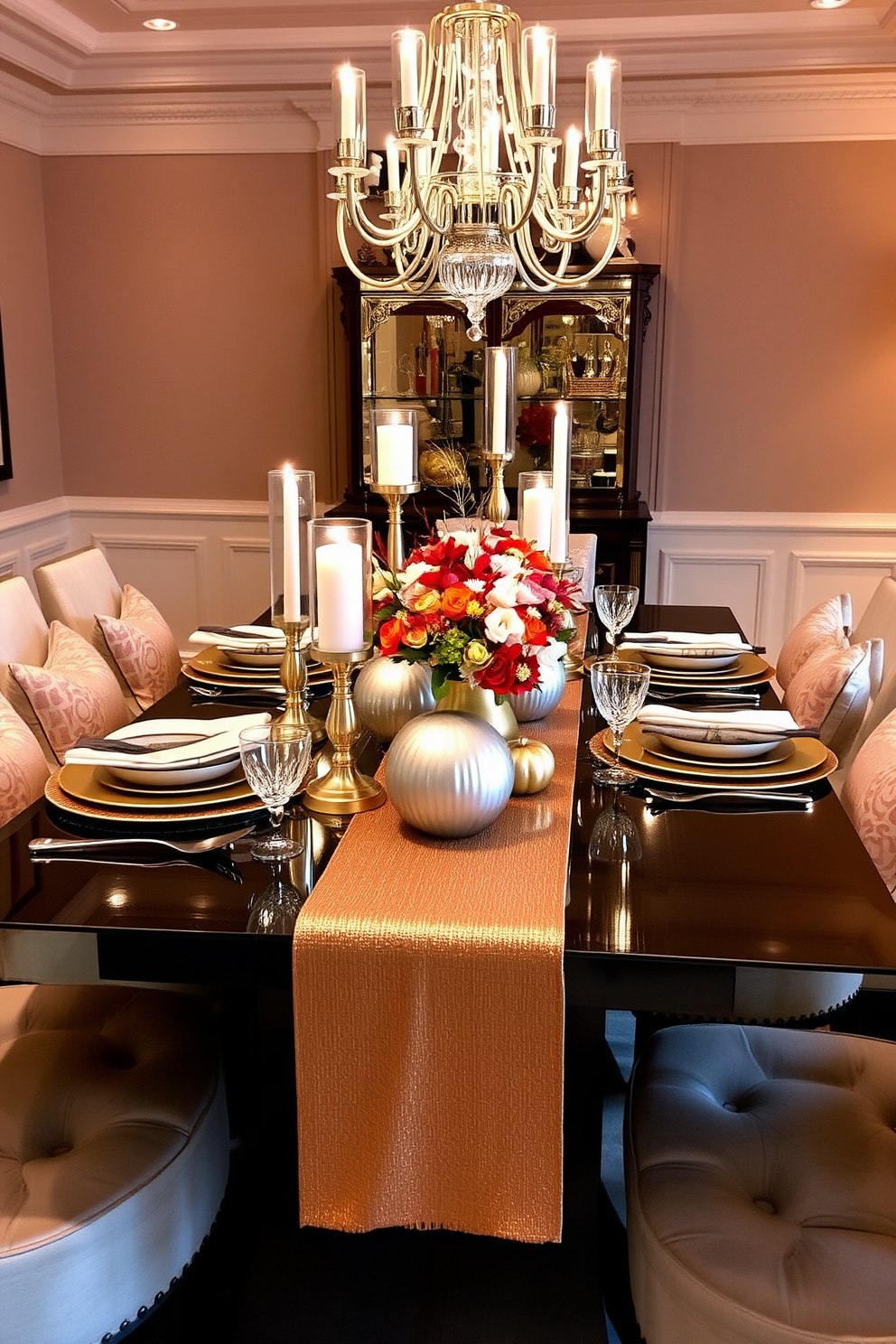 A stunning dining table set for Thanksgiving featuring a mix of gold and silver decor elements. The table is adorned with elegant metallic candle holders, shimmering table runners, and a centerpiece of seasonal flowers in gold and silver vases. Surrounding the table, plush seating with soft cushions complements the luxurious theme. Soft ambient lighting enhances the warm atmosphere, creating an inviting space for guests to gather and celebrate.