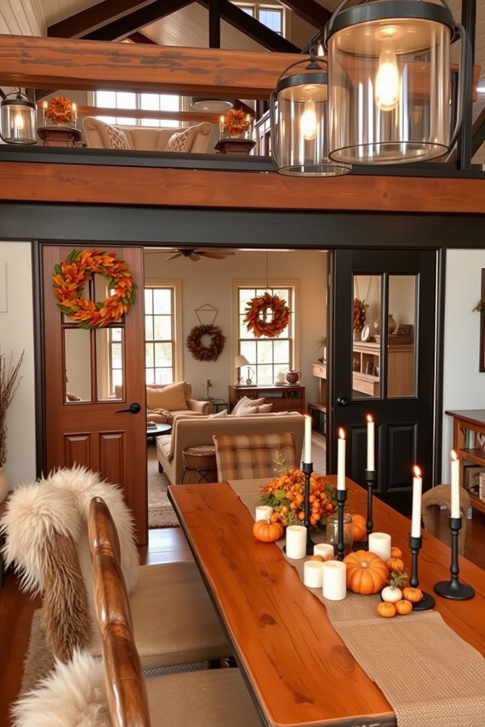 A cozy loft decorated for Thanksgiving features shelves and tables adorned with vibrant pumpkin accents in various sizes and colors. Soft throw blankets in warm tones drape over furniture, creating an inviting atmosphere perfect for the holiday season.